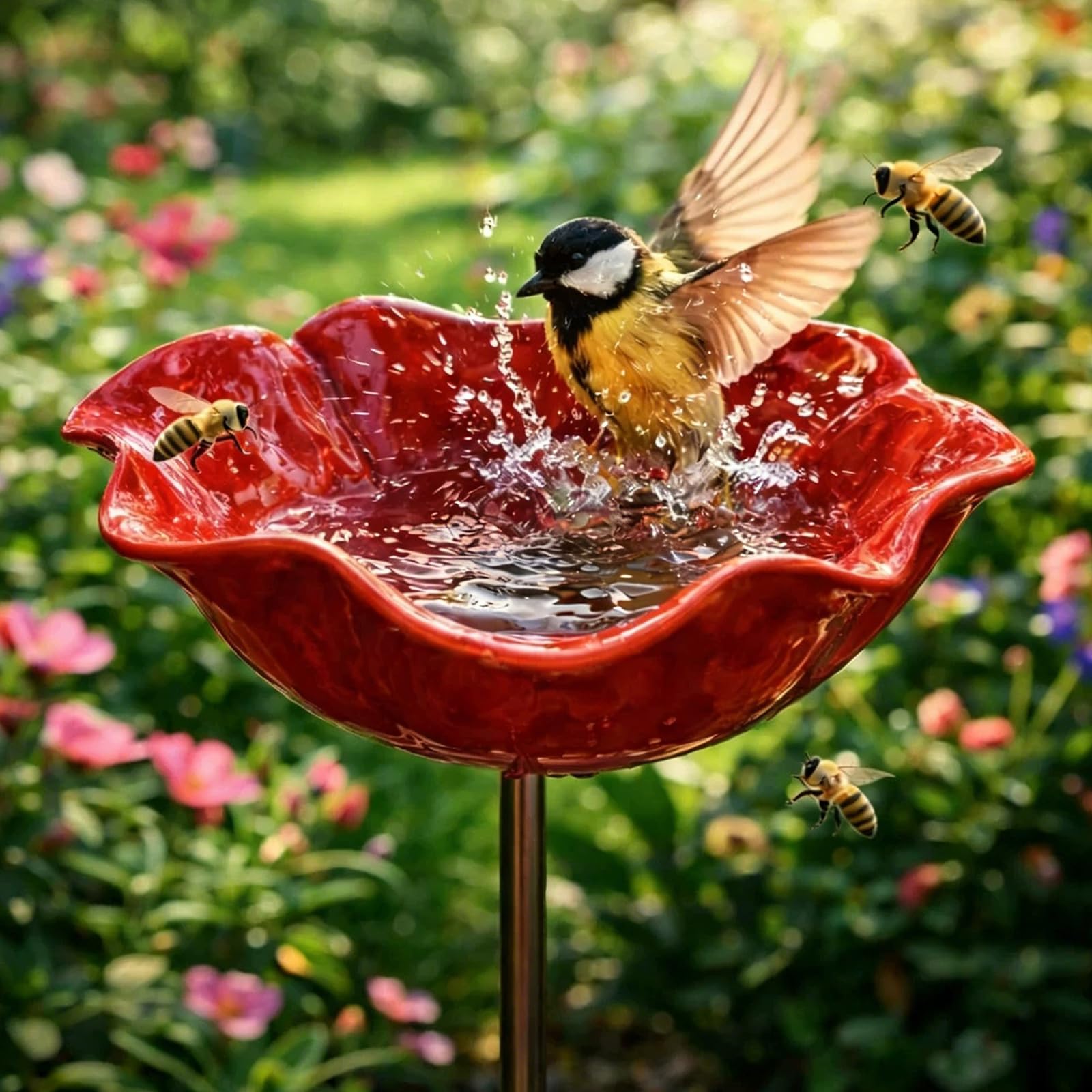 Handmade Metal Flower Garden Stake, Weather Resistant Feeding Bowl with Metal Stake, Decorative Outdoor Yard Art, Red Birdbath Bowl for Yard Lawn Patio Landscape Decor (Red)