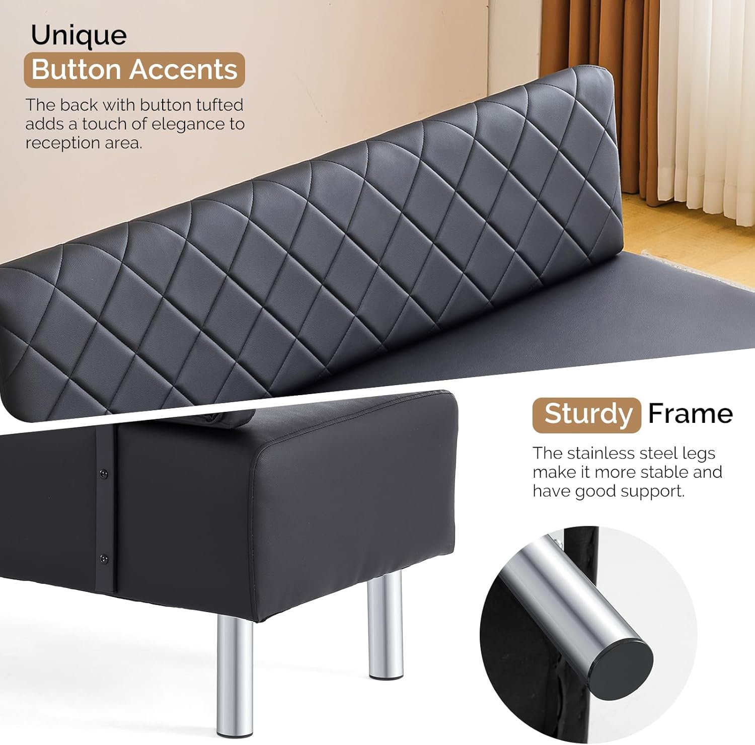 OmySalon Waiting Room Bench with Back, 58.6’’ Office Guest Chair Upholstered Reception Seating, Lobby Furniture for Beauty Salon Barbershop Airport Bank Hall Room Conference, Black