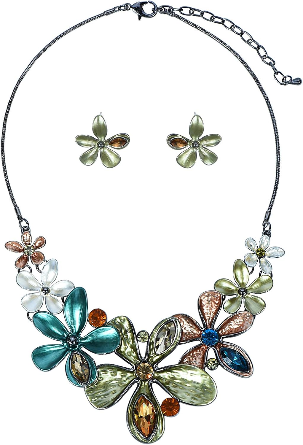 Vintage Colorful Five Petal Flower Enamel Blossom Flower Chunky Collar Bib Statement Necklace and Earrings Set for Women Wedding Bridal Prom