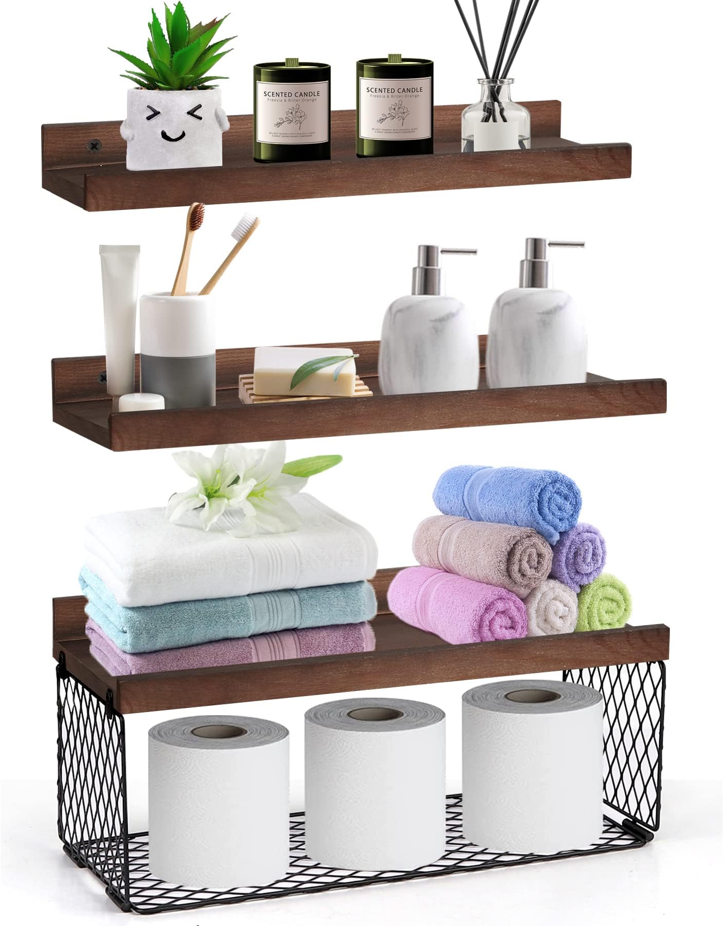 Wall Mounted Floating Shelves, 3 Sets Wood Bathroom Shelves