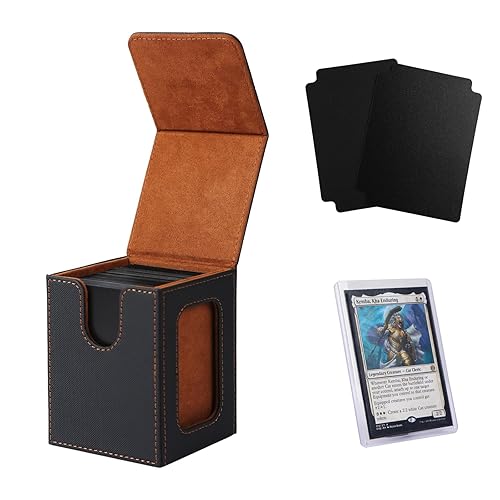 Venssu MTG Deck Box for Commander Display,Card Deck Box Fits 100 Double Sleeved Cards, TCG Card Storage with 2 Dividers and 1 Toploader (Black＆Brown) - Black＆Brown