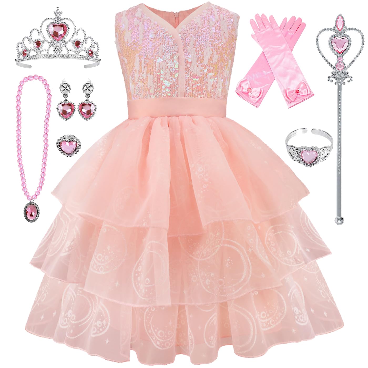 Bambina Glinda Cosplay Costume con Accessori Abito da Principessa Wicked Strega Glinda Costume Abito da Sera Rosa Natale Halloween Carnevale Party Stage Performance Cosplay Ragazza 110-160