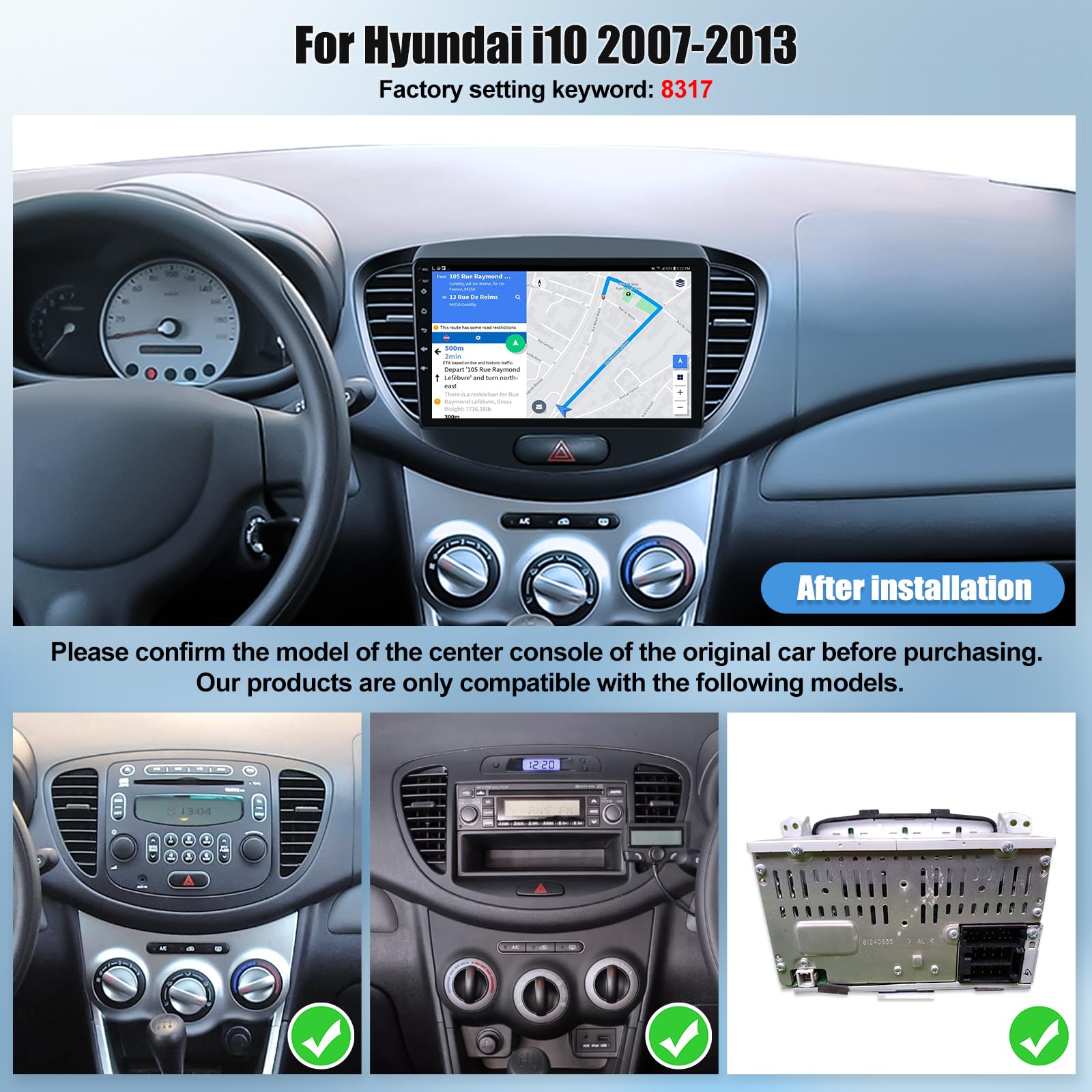 OiLiehu 4+64G Android 13 Autoradio für Hyundai i10 2007-2013 Doppel Din Radio Carplay Android Auto Autoradio Mit Bildschirm 9 Zoll mit Mirror Link Bluetooth FM RDS GPS WiFi SWC EQ+Rückfahrkamera