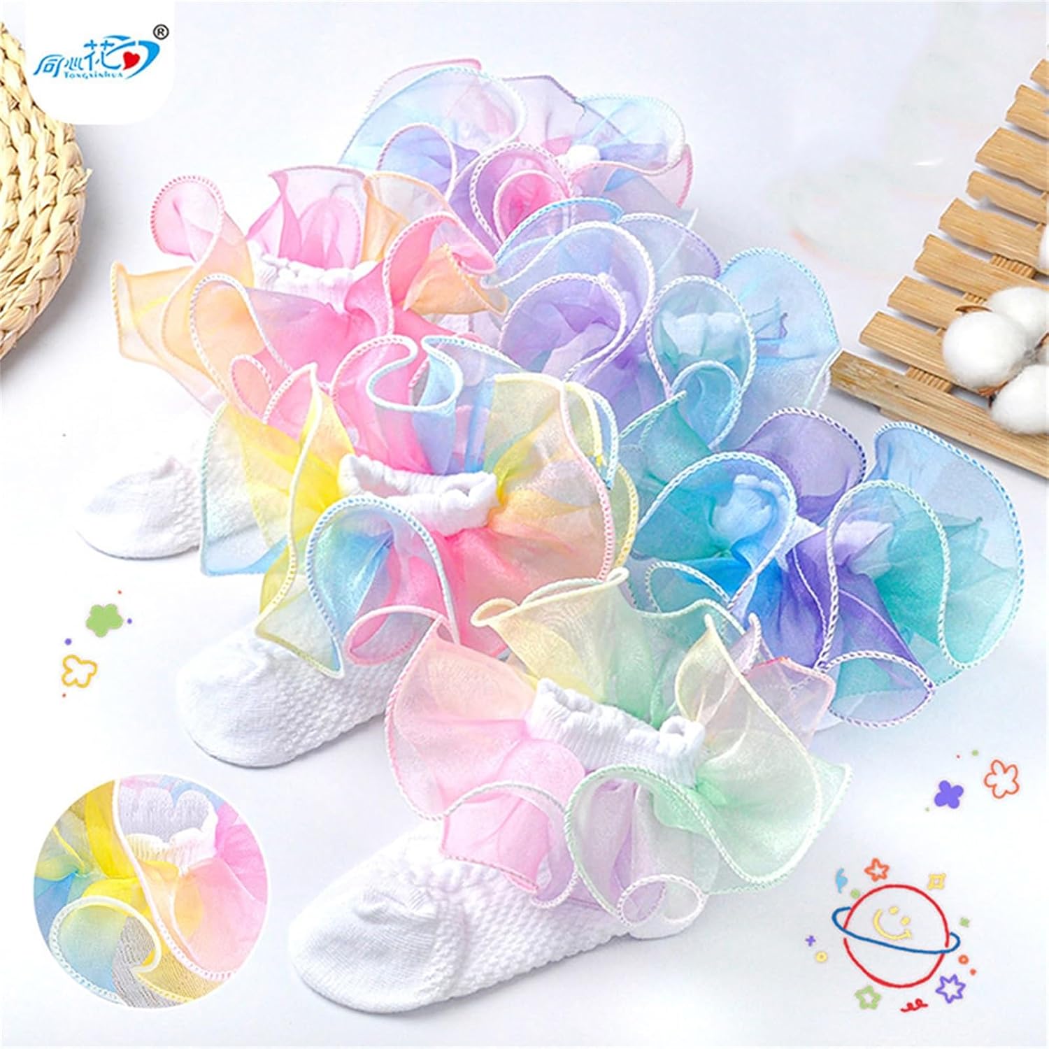 SAYOO Toddler Girls Ruffle Socks Double Lace Frilly Princess Dress Sock Cotton Anti-slip Ankle Socks for Kids Years 1-10T