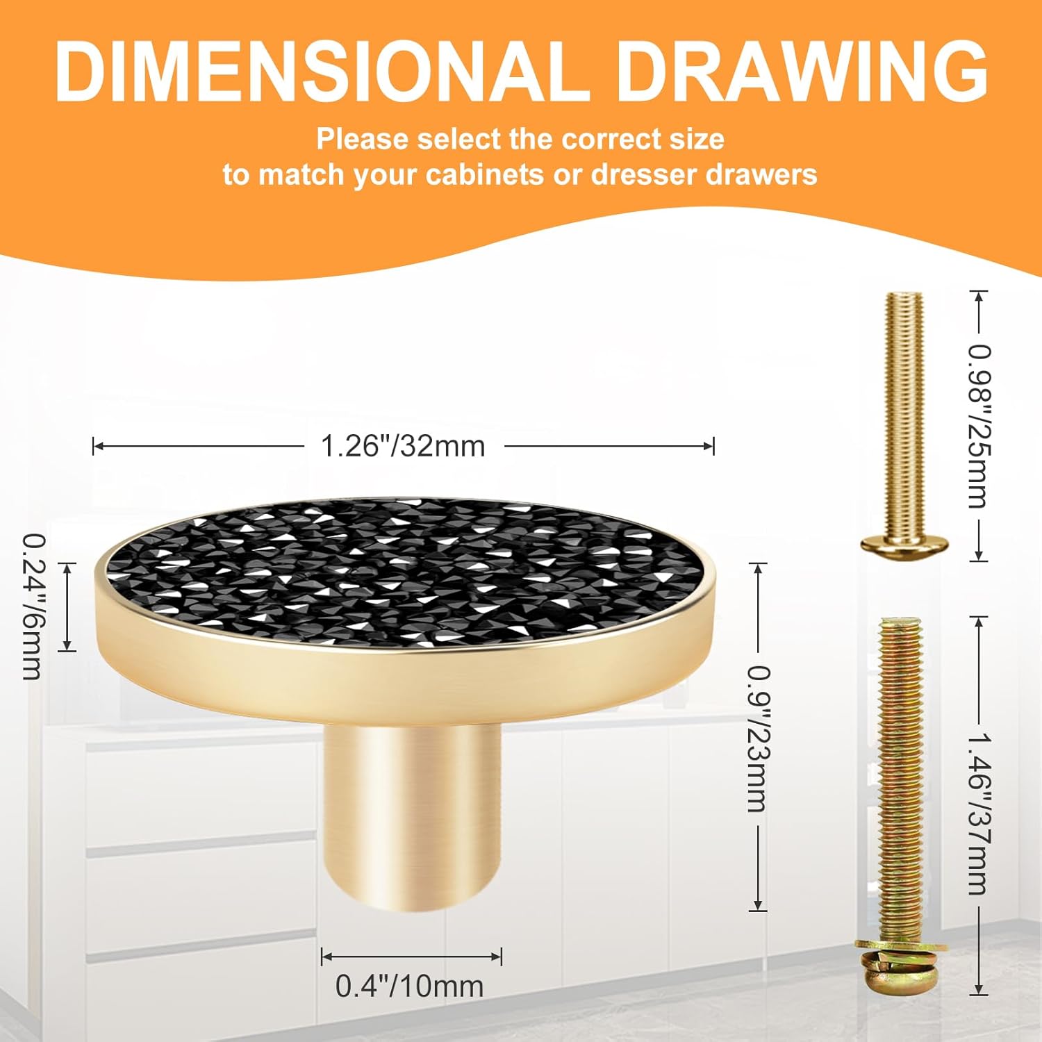 4Pcs Round Cabinet Drawer Knobs Brass Decorative, 1.25" Polished Cabinet Handles, Gold Knobs for Dresser Jewelry Box Drawers, Pulls for Kitchen Bathroom Cabinets Door Knobs Hardware-Black Grey Diamond