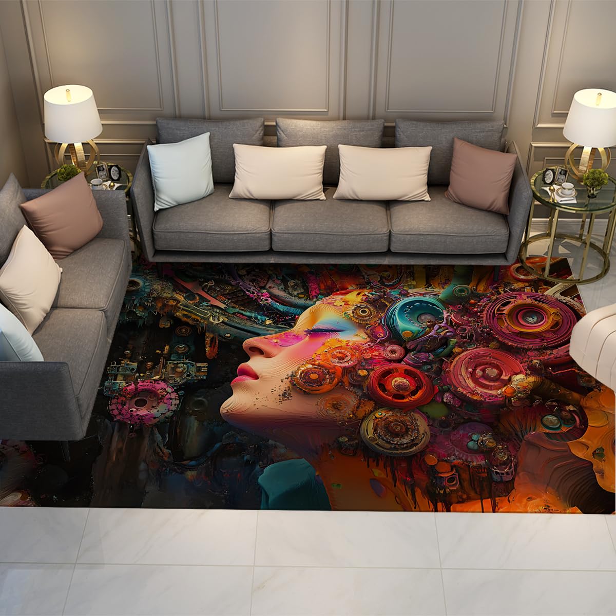 180x240cm Tapis Visage de Femme surréaliste Lavable