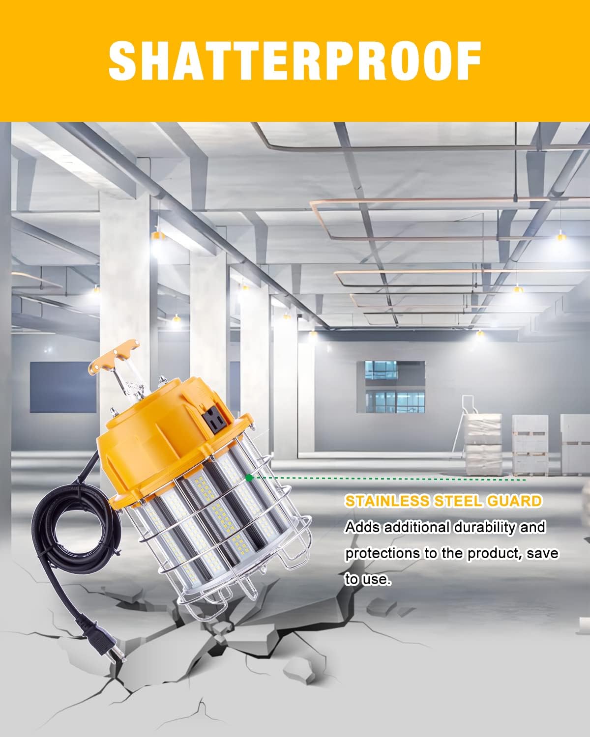 LED Temporary Work Light 100W LED Construction Lights 12,000lm 5000K Daylight Stainless Steel Guard Portable Hanging Work Lighting Workshop Jobsite Light Outdoor - Image 7