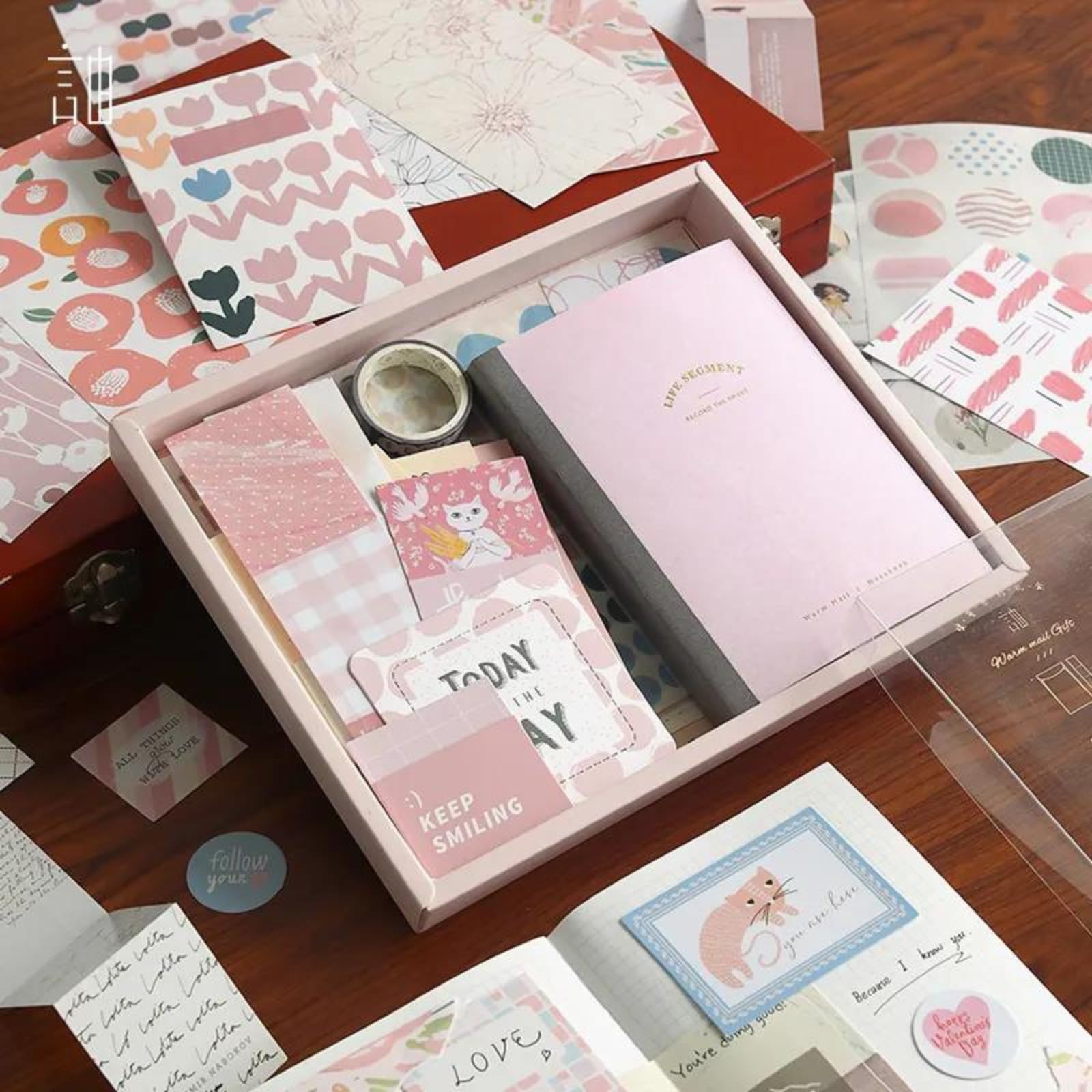 The AutoStory Scrapbooking Kit A6 Junk Journal Notebook Cute Decals Decorative Cardstock Washi Tape DIY Craft Art Diary Planner Decor Keepsake Gift for Women Teens Girls (Warm Greetings, Pink) 2
