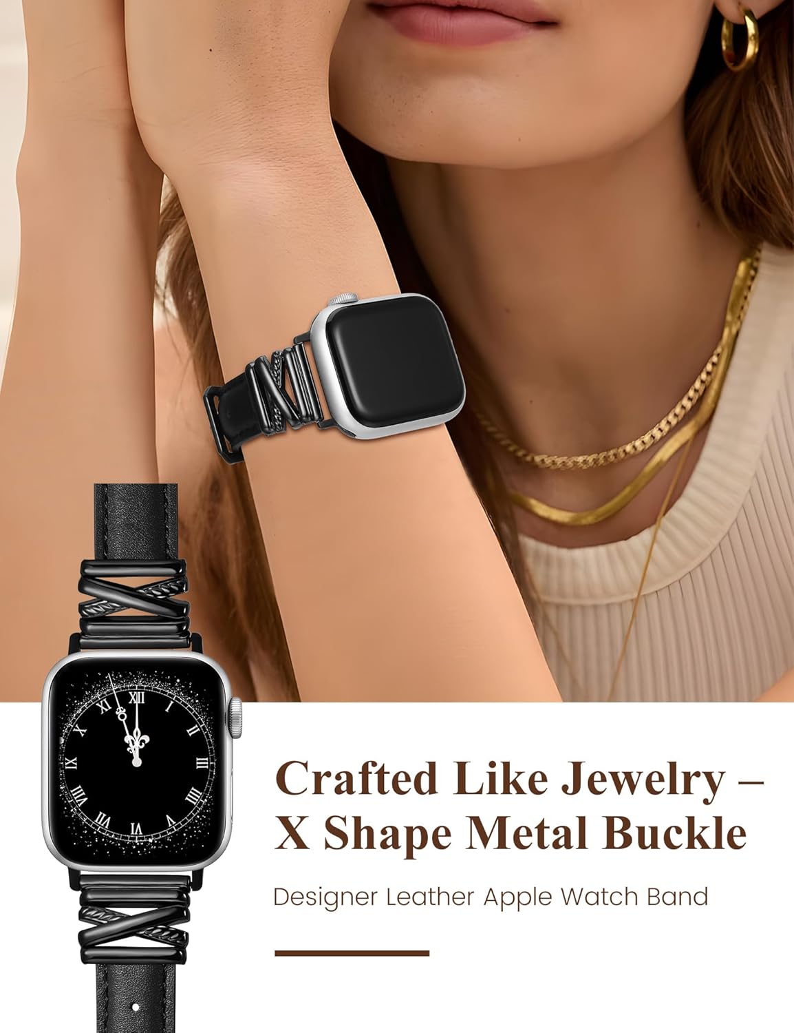 Minyee Leather Band Compatible with Apple Watch 42/41/40/38/44/45/46/49mm Women,Dressy Slim Premium Leather Strap with Designer X-Shape Metal Buckle for iWatch Series 11 10 9 8 7 6 5 4 SE/Ultra 3 2 1 - Image 2