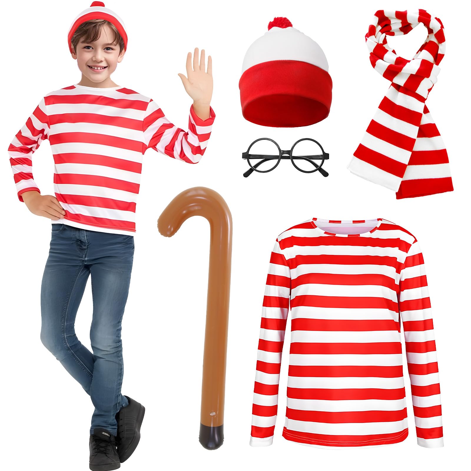 Kitimi Kids World Book Day Costume Long-Sleeved Red and White Striped T-Shir, White & Red Bobble Hat+Round Glasses+Balloon, Wally Costume Cosplay Set, Boys World Book Day Carnival Fancy Dress Outfit — image 1