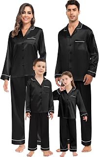 Family Matching Button Down Pajamas Pjs Silk Satin Long Sleeve Shirt Long Pant Set Sleepwear 2 Pcs Outfits Loungewear