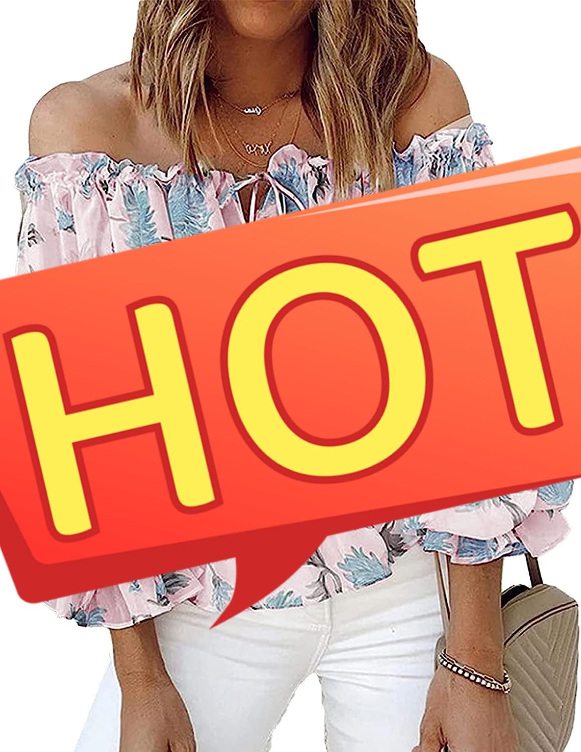 Camisa para Mujer Verano Camiseta Camisas de Encaje con Hombros Descubiertos Blusa Informal Tops con Estampado de Flores Y Verano con Cuello en V Y Mangas Trompeta 3/4 con Lazo en la Parte(S-Rosa)