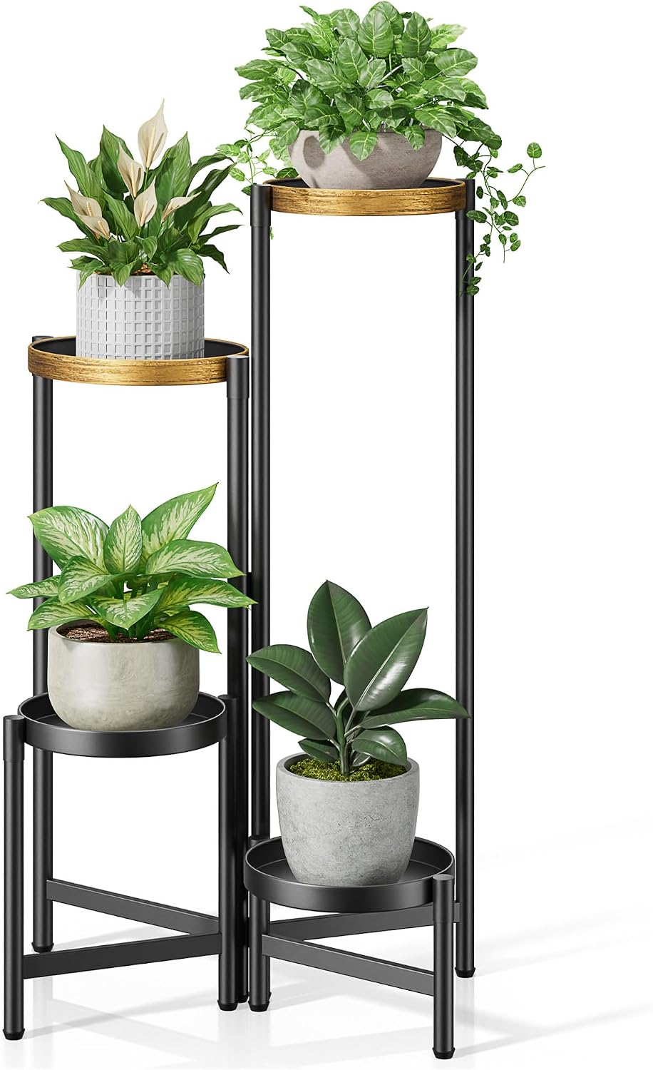 4 Tiered Metal Black Gold Plant Stand Tall Indoor with 7.9 Inch Wide Tray, Tiered Corner Folding Plant Stand for Large Pots Outdoor, Flower Pot Stands Outdoor for Patio Porch Balcony