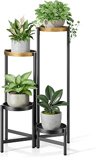 4 Tiered Metal Black and Gold Plant Stand Tall Indoor with 7.9 Inch Wide Tray, Tiered Corner Folding Plant Stand for Large Pots Outdoor, Flower Pot Stands Outdoor for Patio Porch Balcony