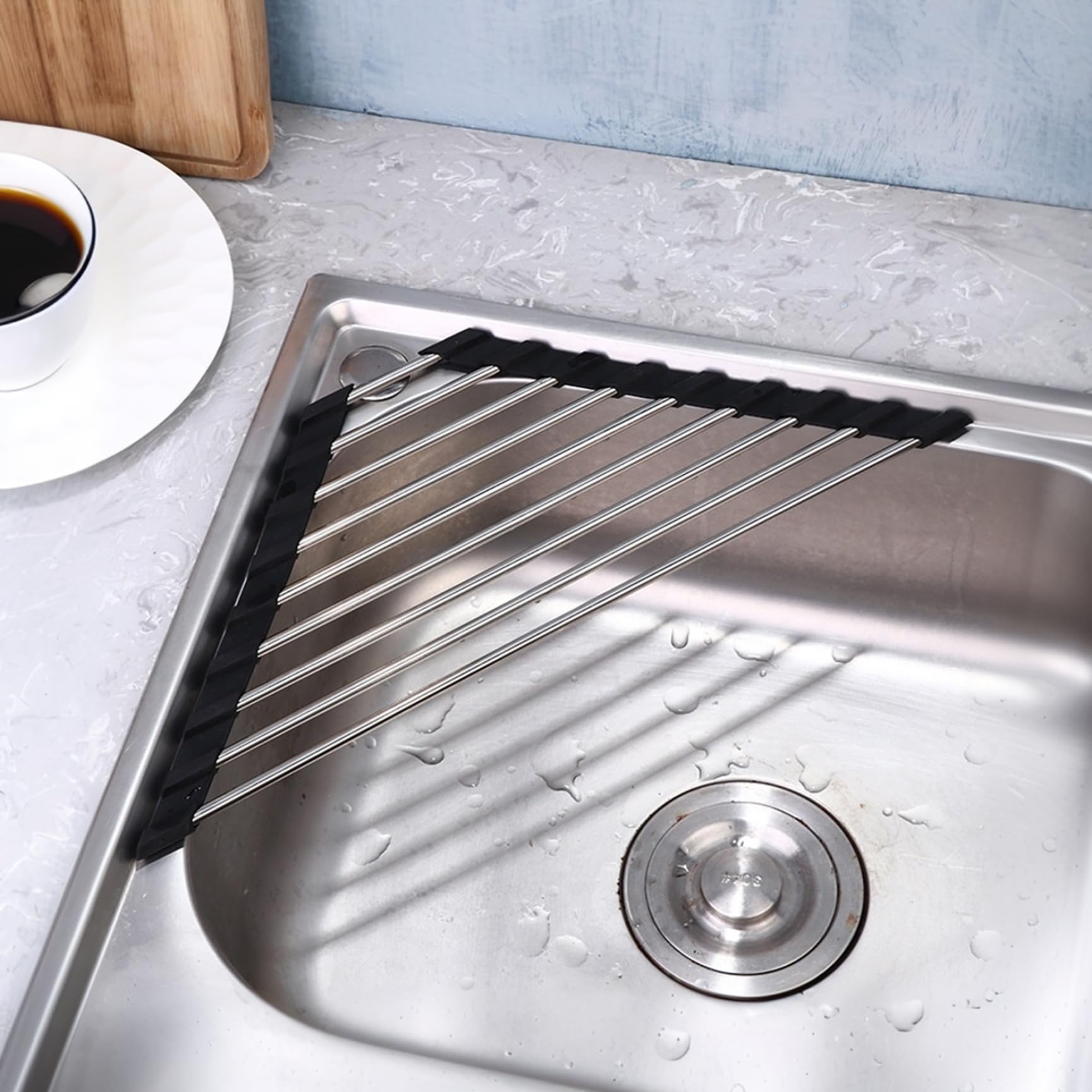 Roll Up Dish Drying Rack Over the Sink Triangular Corner Sink Drying Rack with Anti-slip Edge Stainless Steel Sink Drying Rack for Dish, Fruits, Vegetables, Roll Up Dish Drying Rack Over the Sink, S