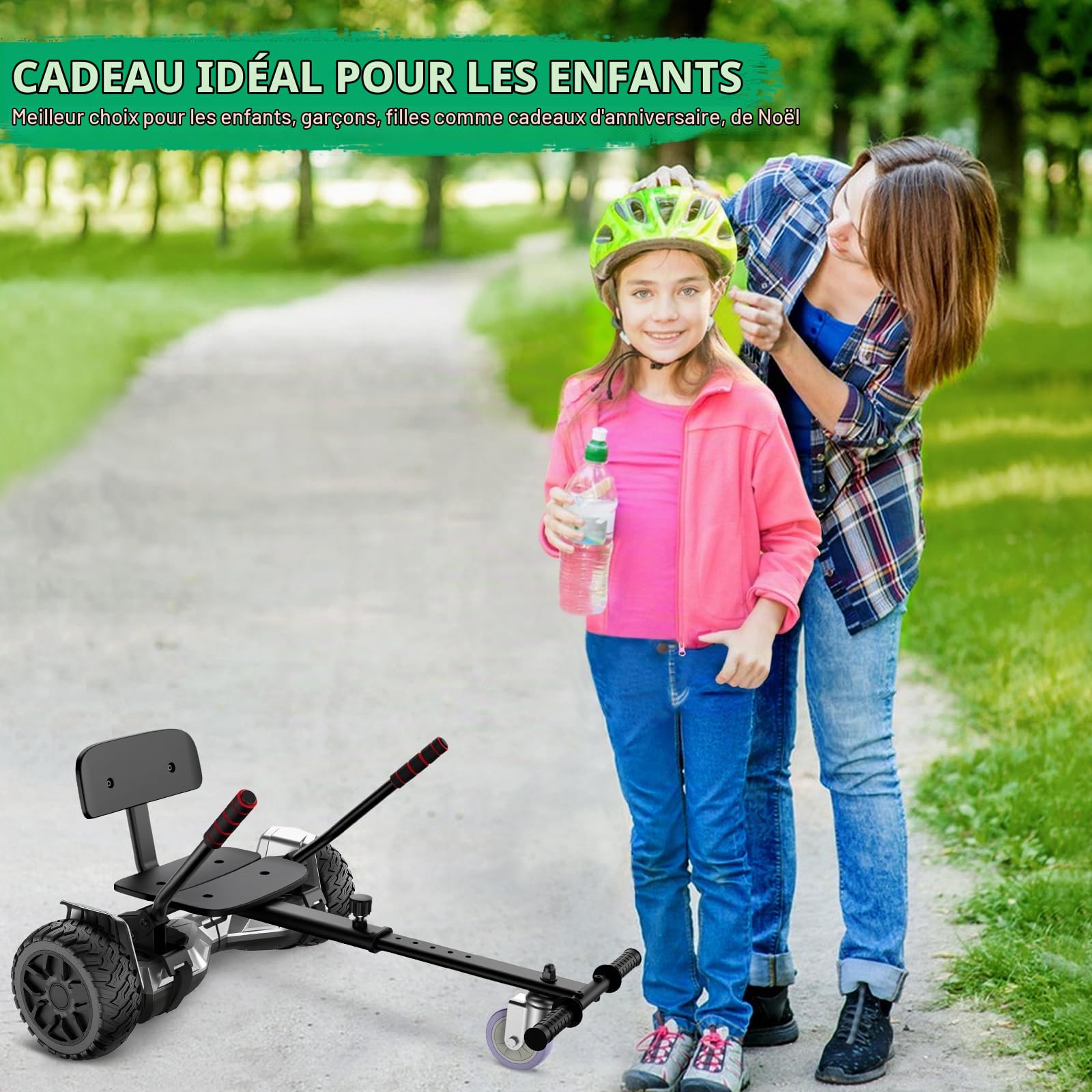 Hoverboard avec siège, hoverboard tout-terrain avec hoverkart, 8,5 pouces avec auto-équilibre, hoverboard tout-terrain avec haut-parleur Bluetooth, LED, cadeau pour les enfants
