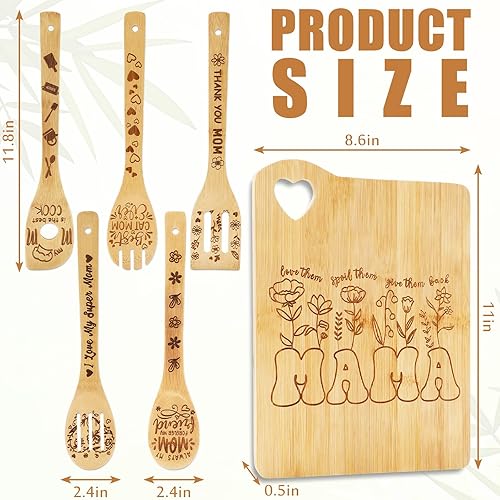 Miniatura 2 de JarThenaAMCS Tabla de cortar de madera de bambú para cocina con cucharas quemadas, mesas para picar, juego de utensilios de cocina grabados, regalo