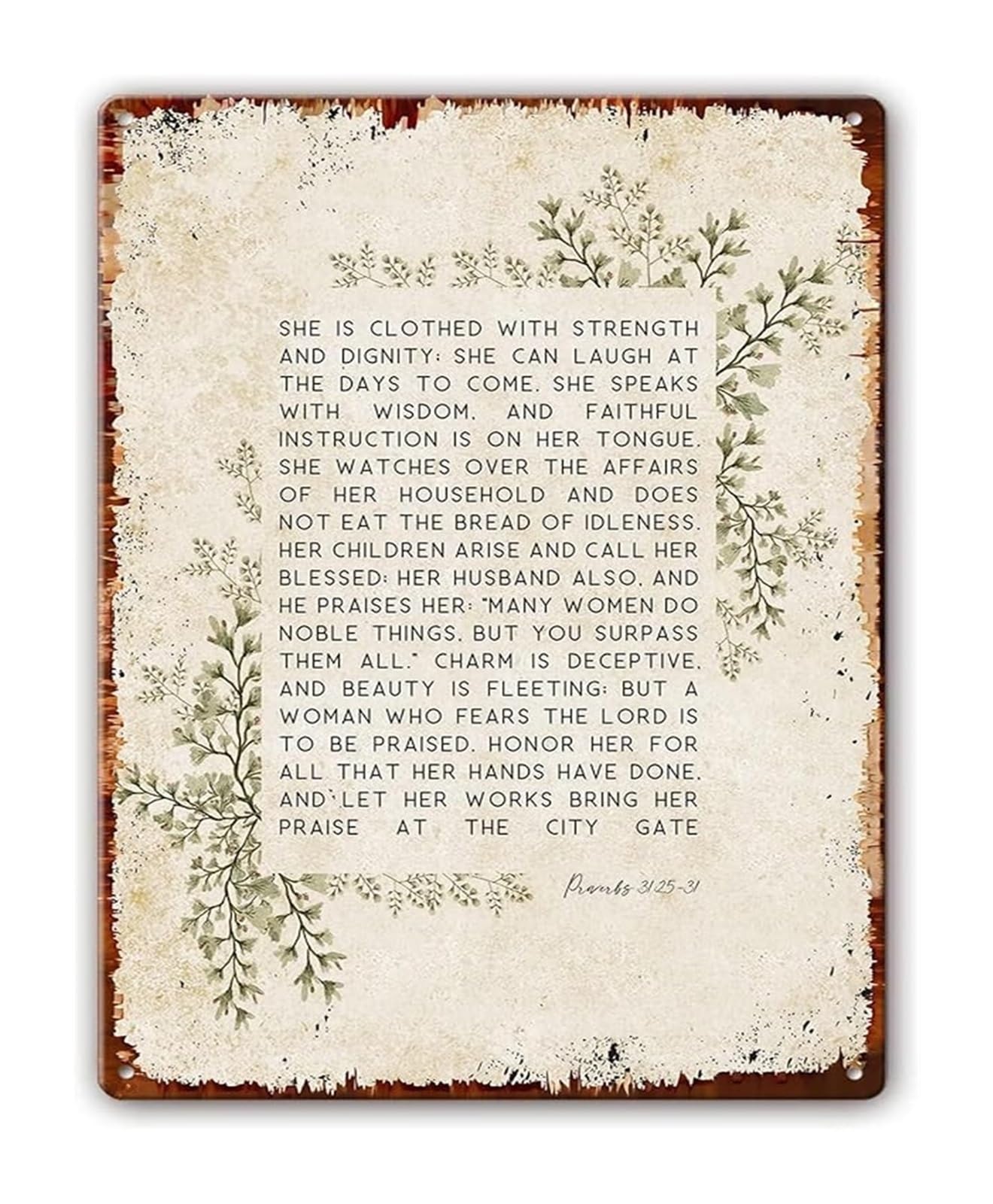 NWPNLXEA Christian Scripture Sign Strength and Dignity Vintage Metal Tin Sign With Botanical Art For Living Room Prayer Room 8 X 12 in