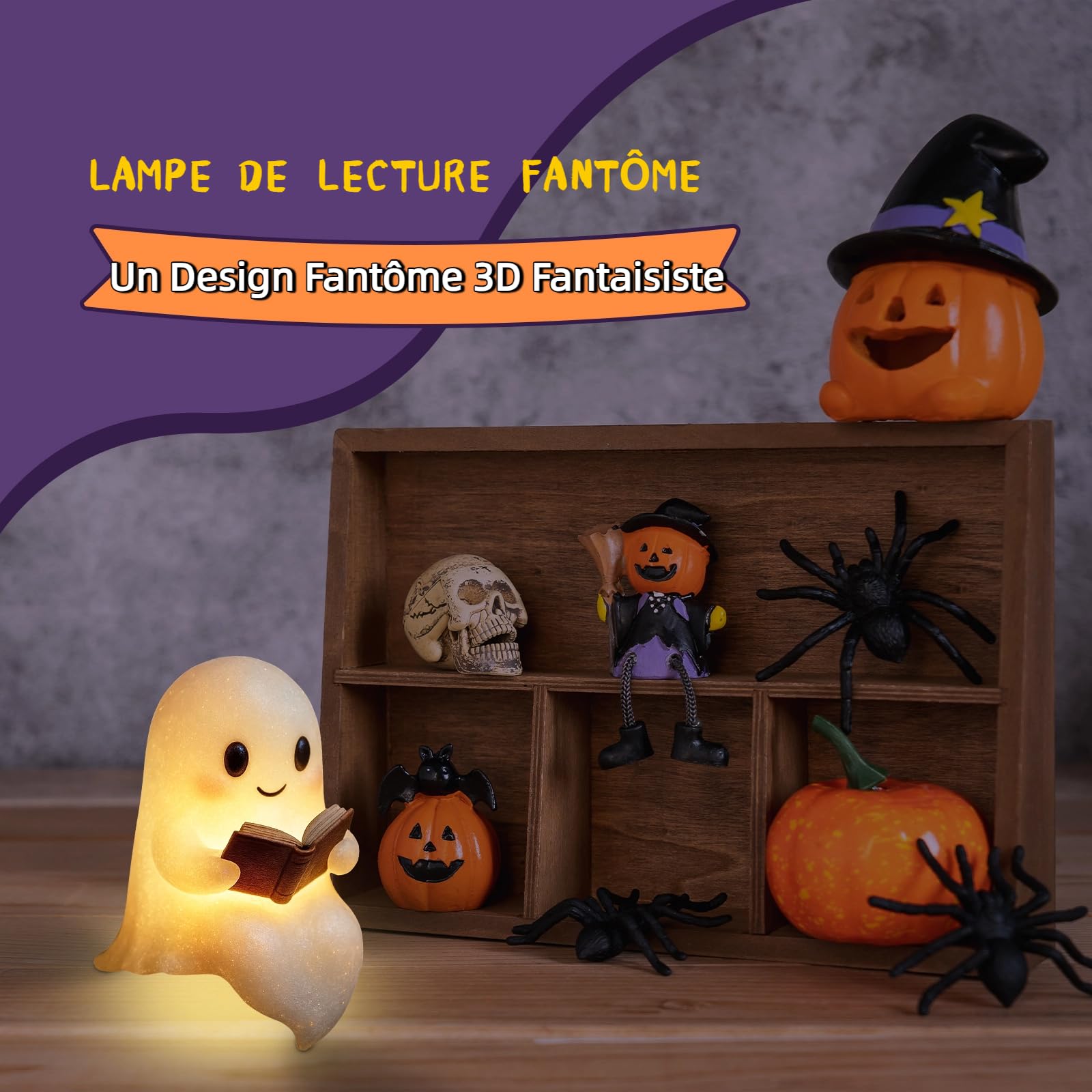 Lanterne Halloween LED Milageto - Fantôme Lisant Un Livre - Résine 3D - Veilleuse Ambiance - 9,5x8,5x14 Cm
