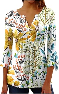 Party Flowy T Shirts Women Holiday Cool Modern Three Quarter Sleev Tees Smocked Printing Cozy V Neck Tunic Women