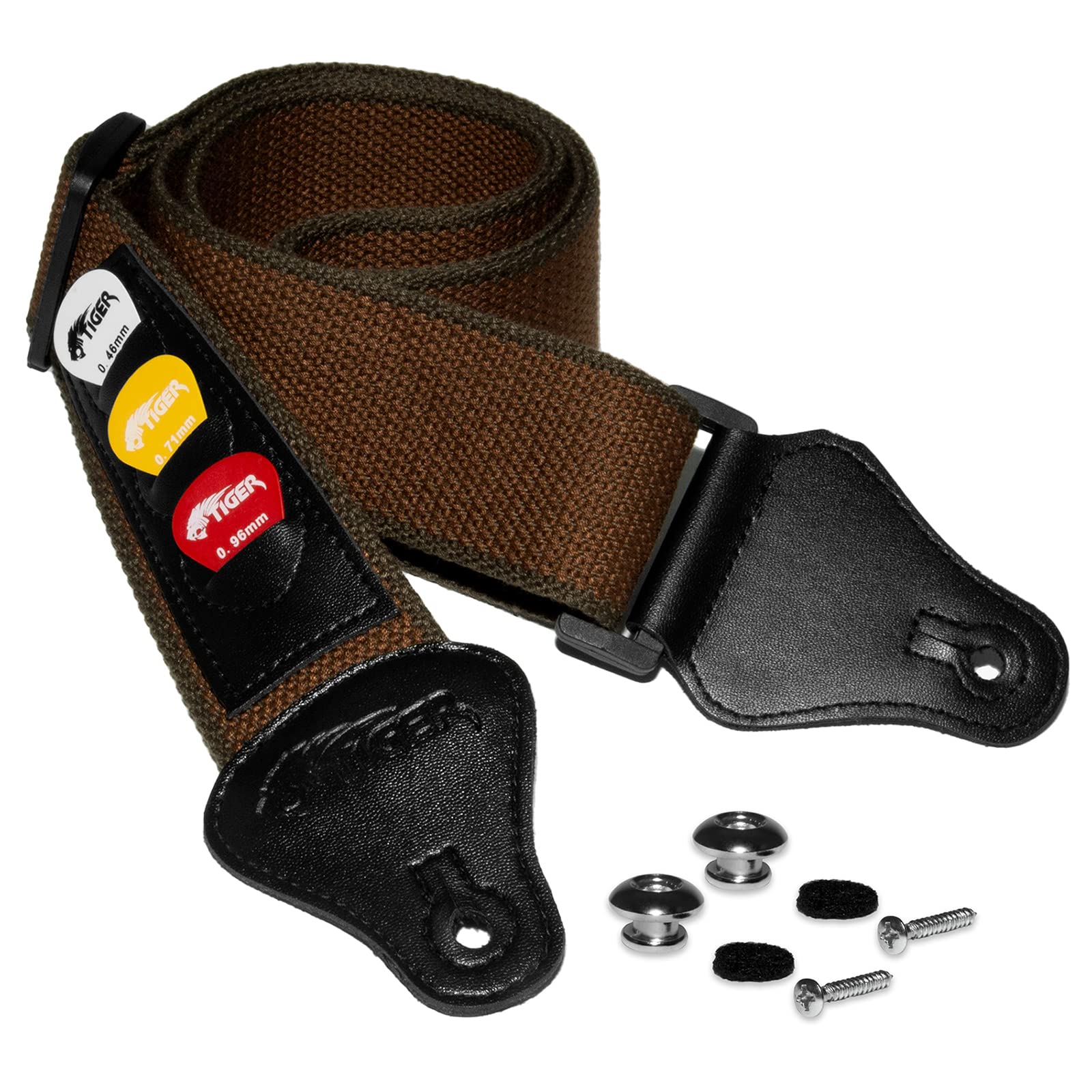 TIGER STP5-BR-PACK Guitar Strap with Pick Holders, Picks & Strap Button for Classical, Acoustic, Electric and Bass Guitars - Brown