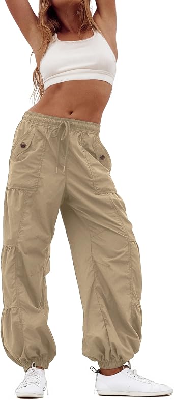 Bankeng Parachute Pants for Women Cargo Pants with Pockets Elastic Waist Drawstring Baggy Hiking Pants