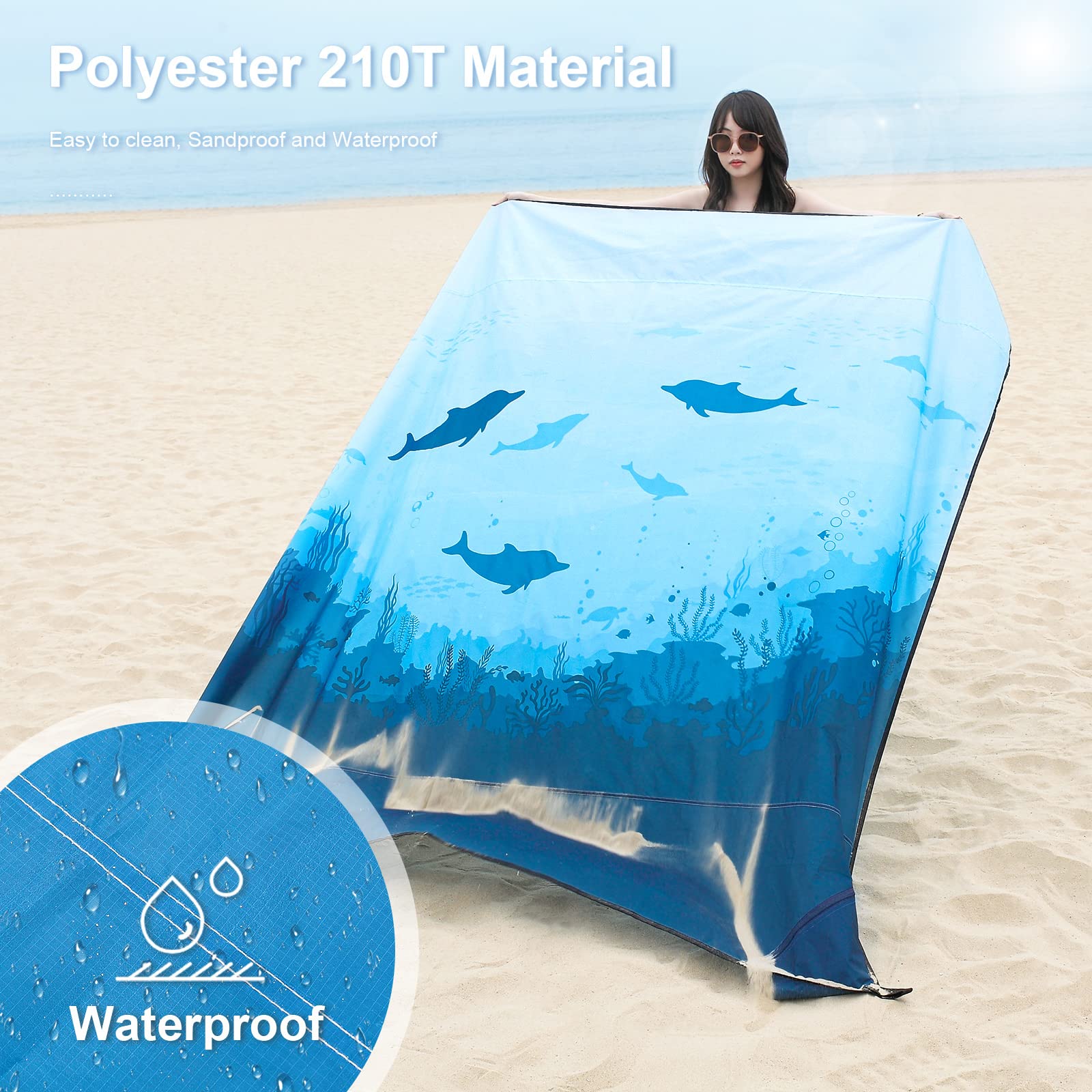 DEWUR Koc plażowy XXL, odporny na piasek, wodoszczelny, mata plażowa, koc piknikowy, duży na urlop, plażę, kemping, podróż (210 x 200 cm, morskie ryby)