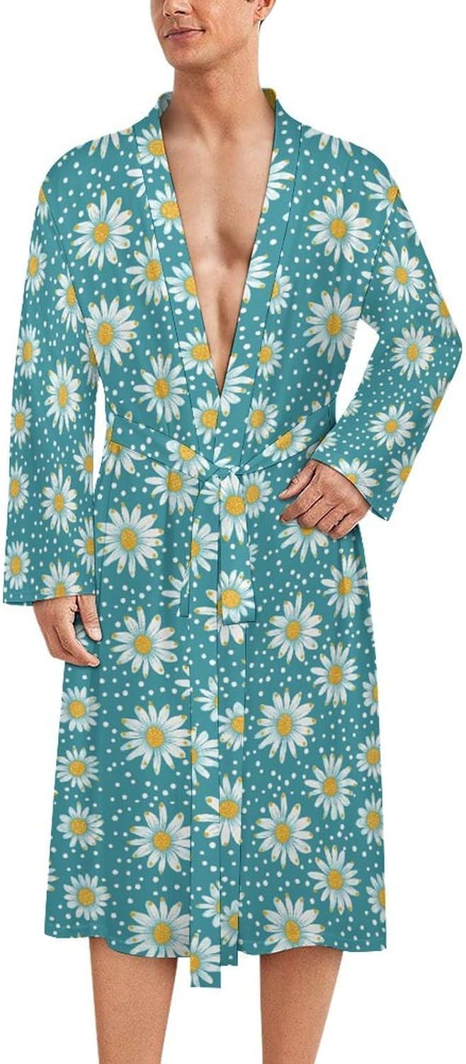 Daisy Flowers Blue Pattern Mens Robe Long Bathrobe for Women Bath Robes Lightweight Soft Printed Sleepwear