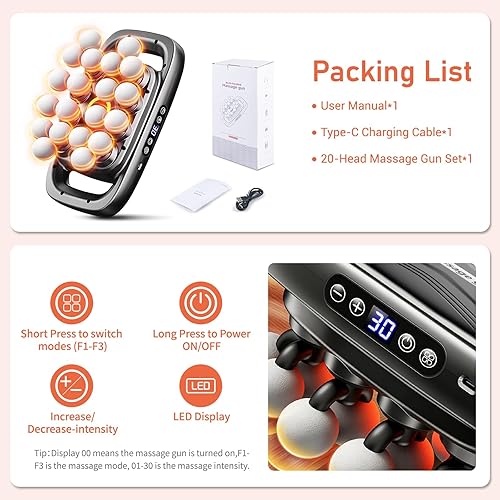 Miniatura 6 de Pistola de masaje de tejido profundo de 20 cabezas, masajeador de percusión con 3 modos y 30 niveles de intensidad, masajeador muscular silencioso