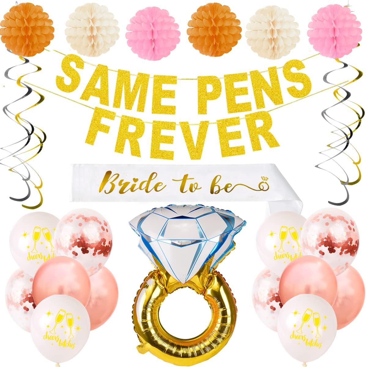 Bachelorette Party Decorations Bridal Shower Supplies Bride to be kit - Same Forever Banner,Sash,Engagement Ring Balloon,Pom Poms Flowers, Balloons,Swirl