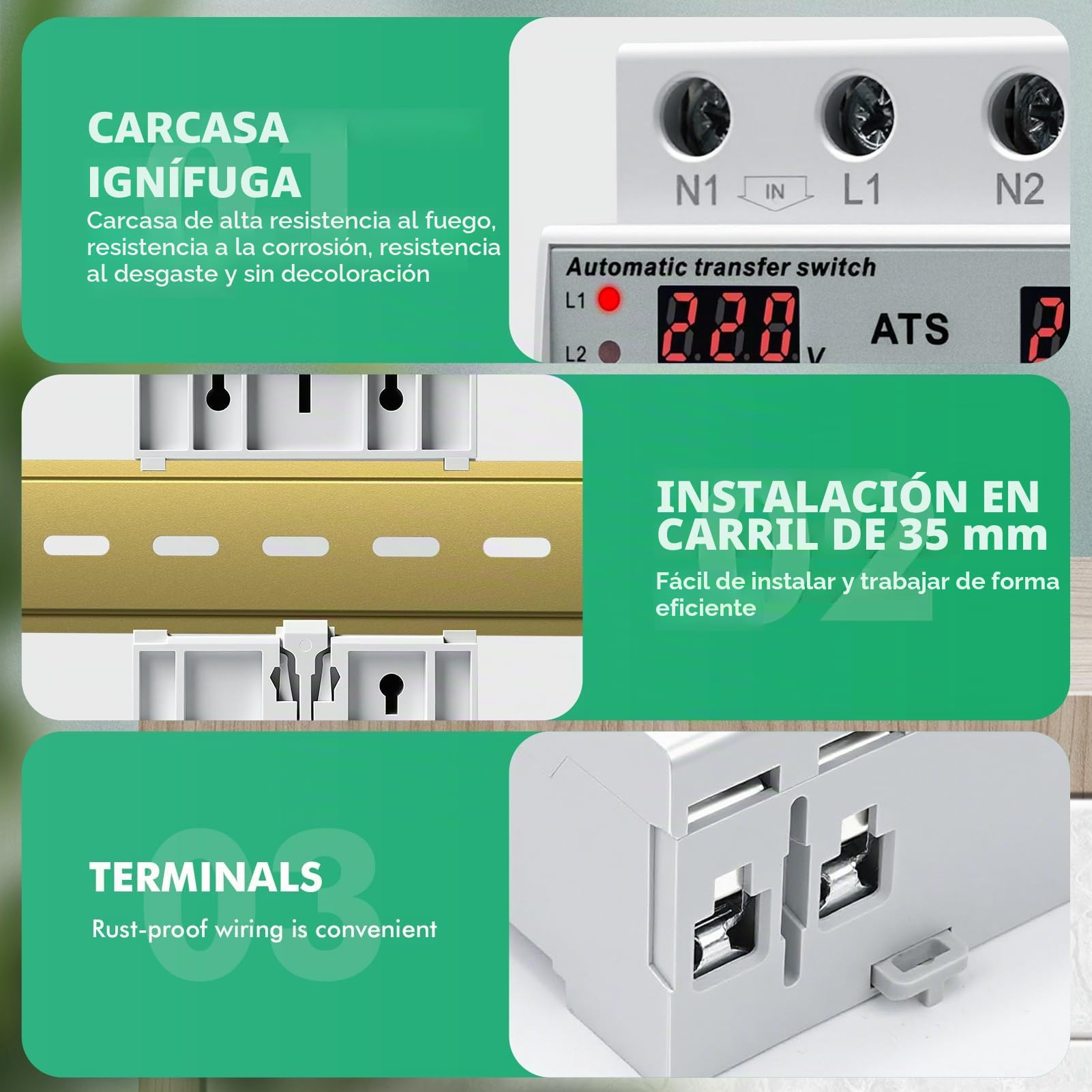 Jadeshay Interruptor de Transferencia Automática, 2P 63A 220V ATS Conmutador Automático Doble Fuente LCD Digital de Voltaje Corriente con Protección contra Sobretensión Subtensión para Fotovoltaico