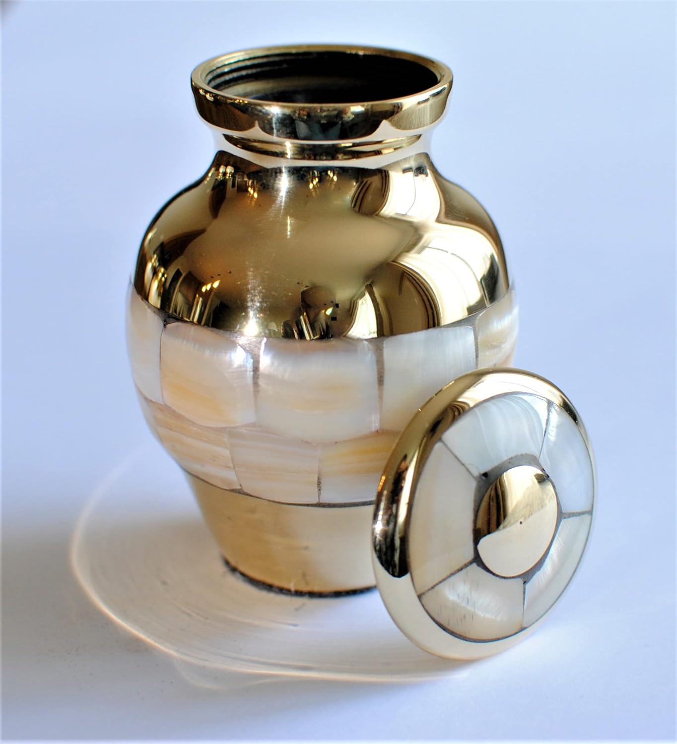 Today's A Gift Exquisite Mother of Pearl Keepsake Urn for Human Ashes, Decorative Golden Brass Urn for Adults, Handcrafted Funeral Urns for Ashes, Stylish Brass Urn with Velvet Bag (3 Inches)