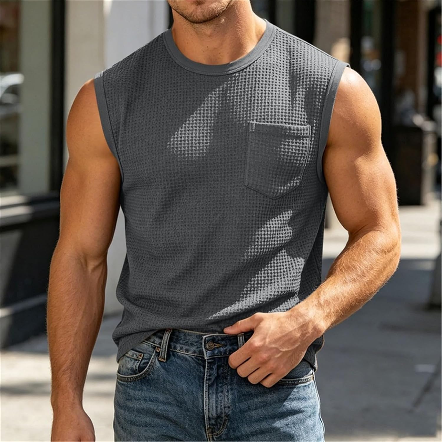 Mens Casual Tank Tops Waffle Knit Sleeveless Shirts Crewneck Solid Shirt Summer Workout Muscle Tee with Pocket