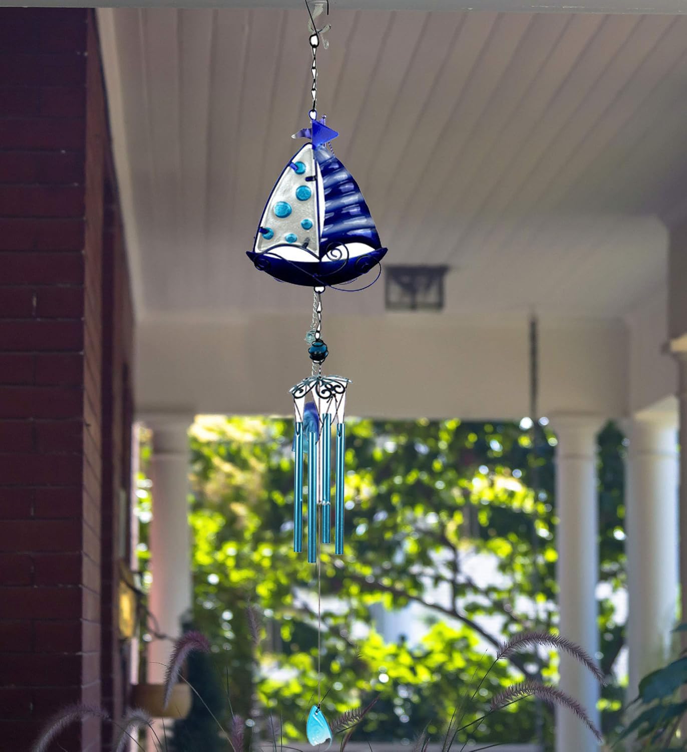 Campanello a vento blu da appendere per patio, decorazione da giardino in vetro, veranda, balcone, decorazione creativa da appendere (45 cm x 11,5 cm x 3,5 cm) a vela