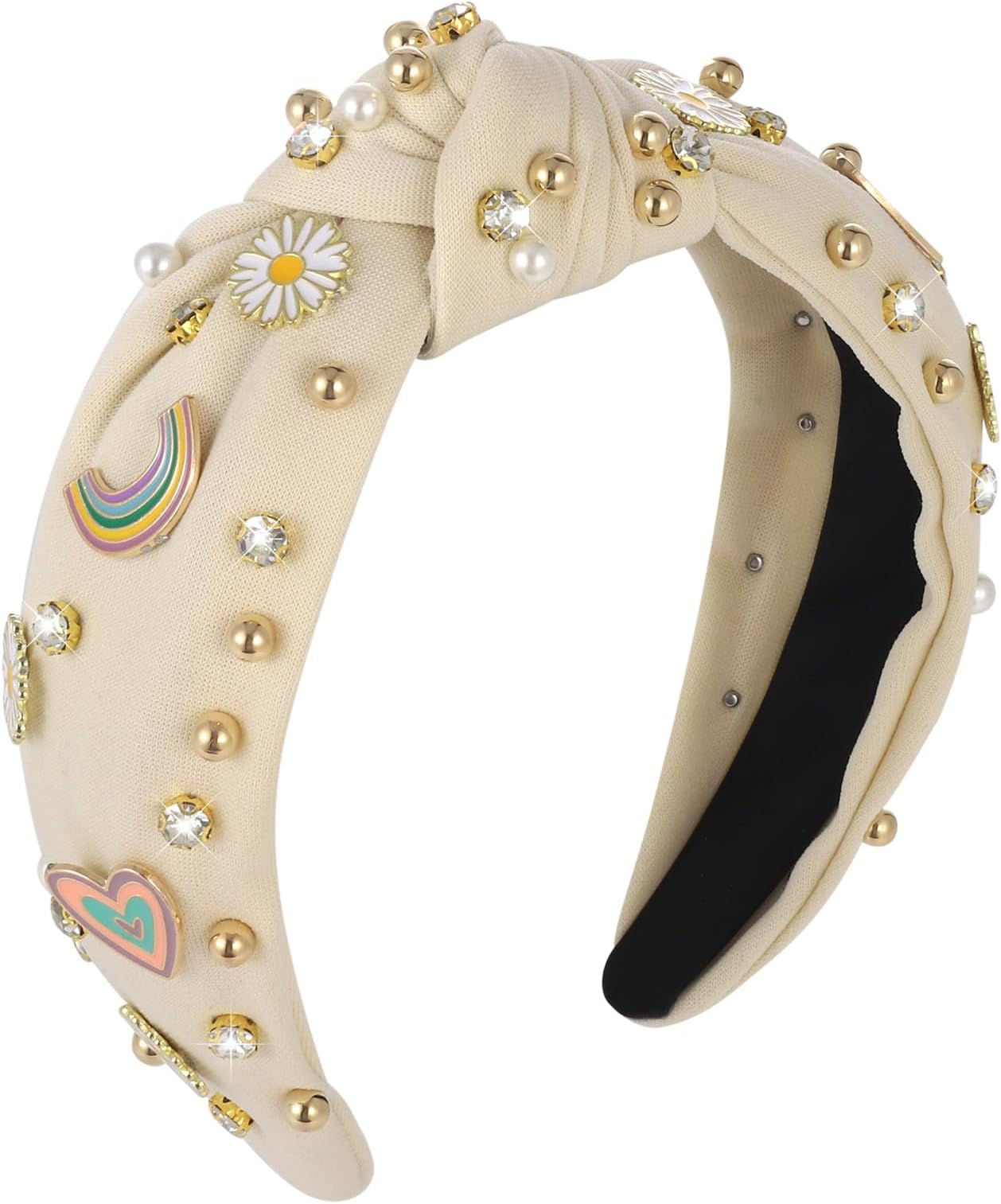 Boho Rainbow Daisy Headband - Pearl Knotted Twist Headpiece for Women & Girls, Beige, Sparkly Crystal Rhinestone