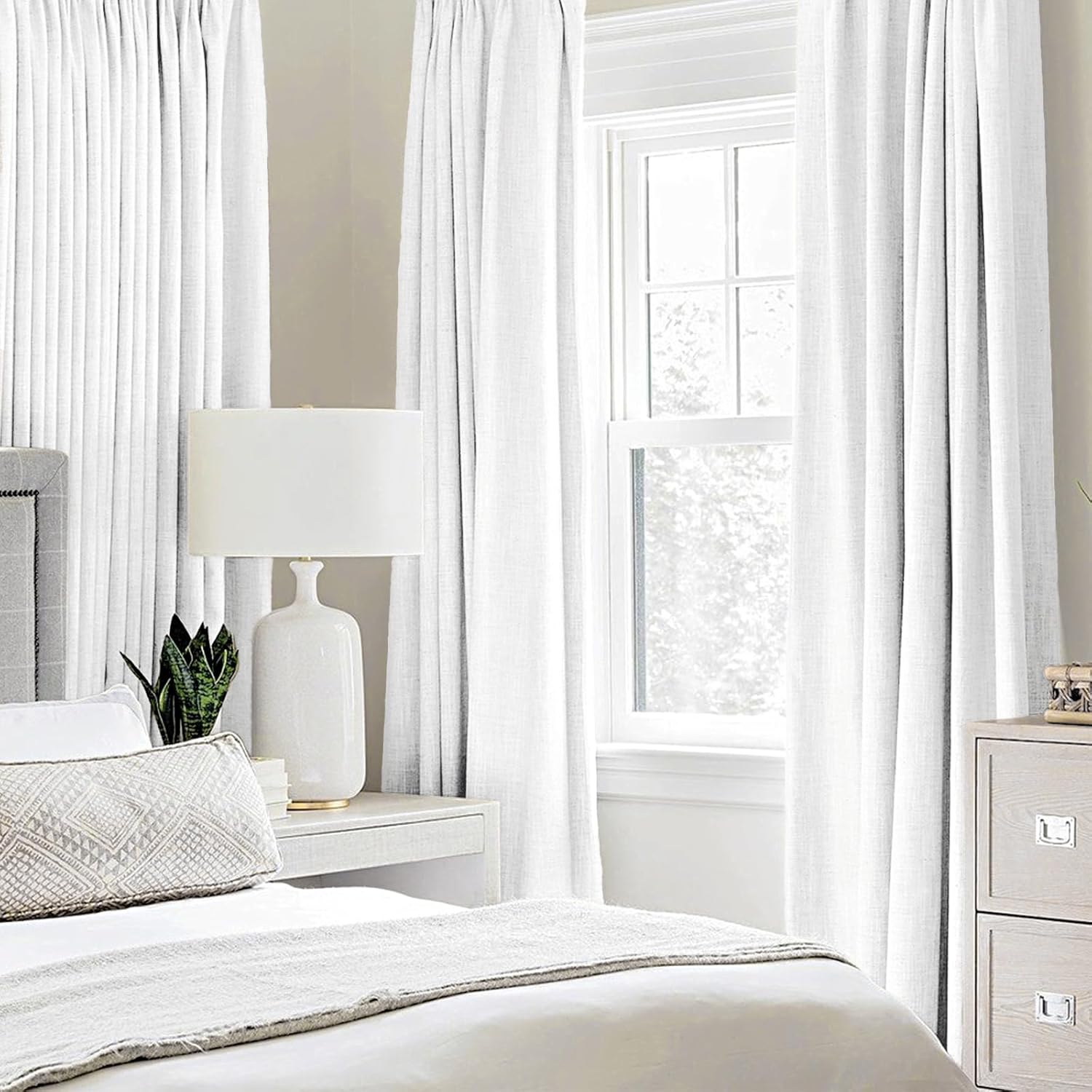 miulee 100% blackout linen textured curtains for bedroom solid thermal insulated bright white grommet room darkening curtains & drapes luxury decor for living room nursery 52 x 84 inch (2 panels) bright white 52"w x 84"l (pack of 2)