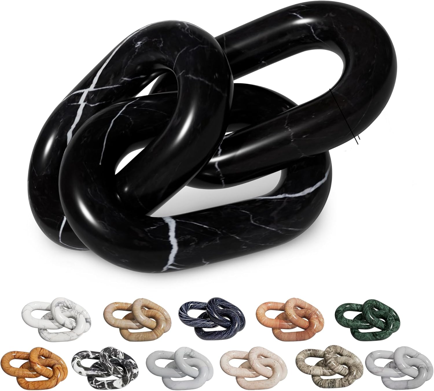 Artisan Hand-Crafted Marble Decor Chain Link, Timeless Decorative Marble Links Home Decor for Living & Outdoor Spaces, Unique Marbling, Smooth Premium Imported Marble 13", Nero Marquina