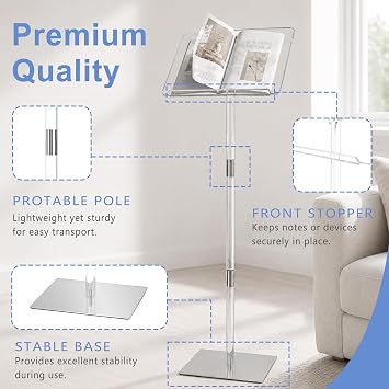 Podium Stand, Lecterns & Podiums, Acrylic Podium, Portable Podium Stand, Adjustable Angles with Metal Base, Podium for Classroom, Church, Weddings, Speech, 16 L x 12 W x 48 H, Clear