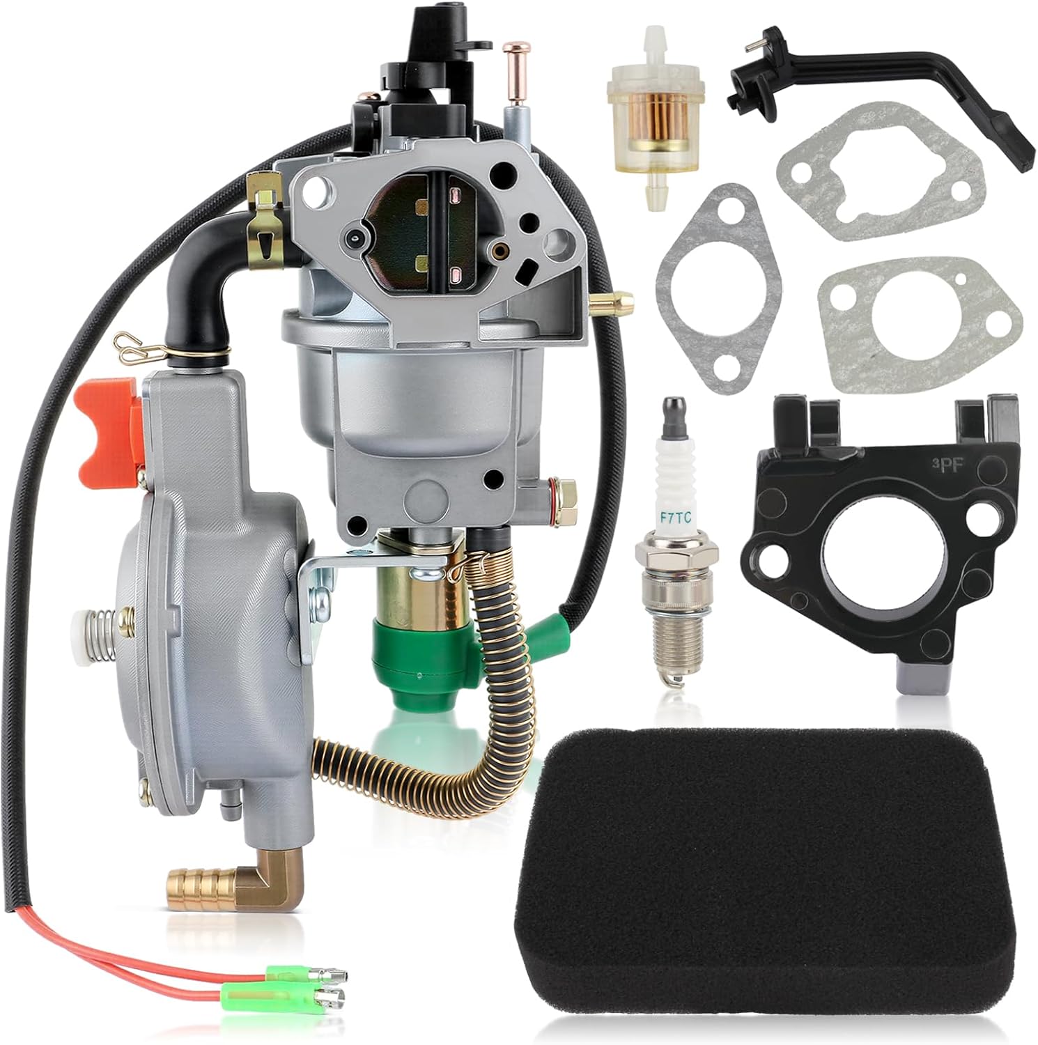 AUTOKAY Dual Fuel Carburetor LPG NG Conversion Kit for Gasoline Generator 4.5-5.5KW GX390 188F Carburetor with Air Filter and Spacer Insulator