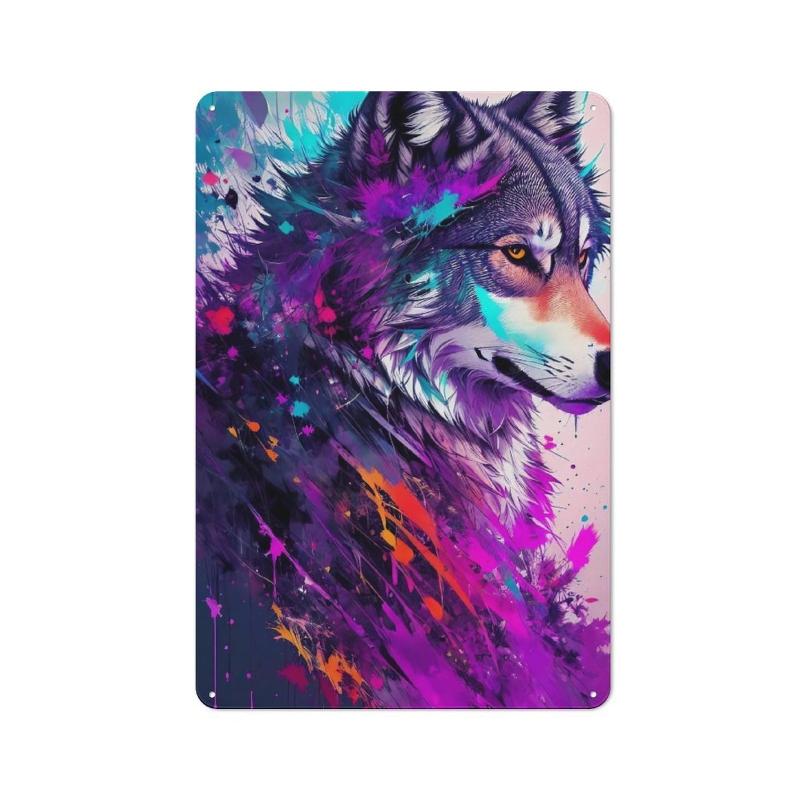 Junmoney Style-22 Colorful Wolf Art Print Vintage Printed Metal Sign 30X20cm For Workshop Wall, A Decorative Gift For A Newly Furnished Workshop