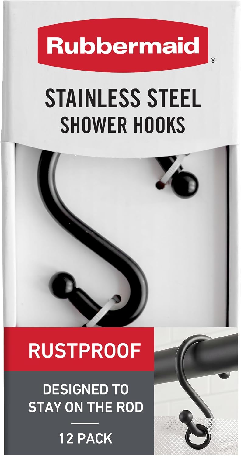 Rubbermaid Shower Hooks, Rustproof Stainless Steel S-Shaped Shower Rings for Bathroom, Set of 12 Hooks, Fits Any Standard Shower Rod, Brushed Nickel