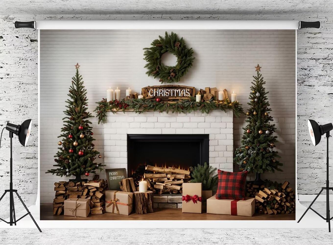 Kate Christmas Fireplace Photo Backdrop Modern Cool White Brick Background Christmas Tree Gifts Photo Background Studio Props,7x5ft