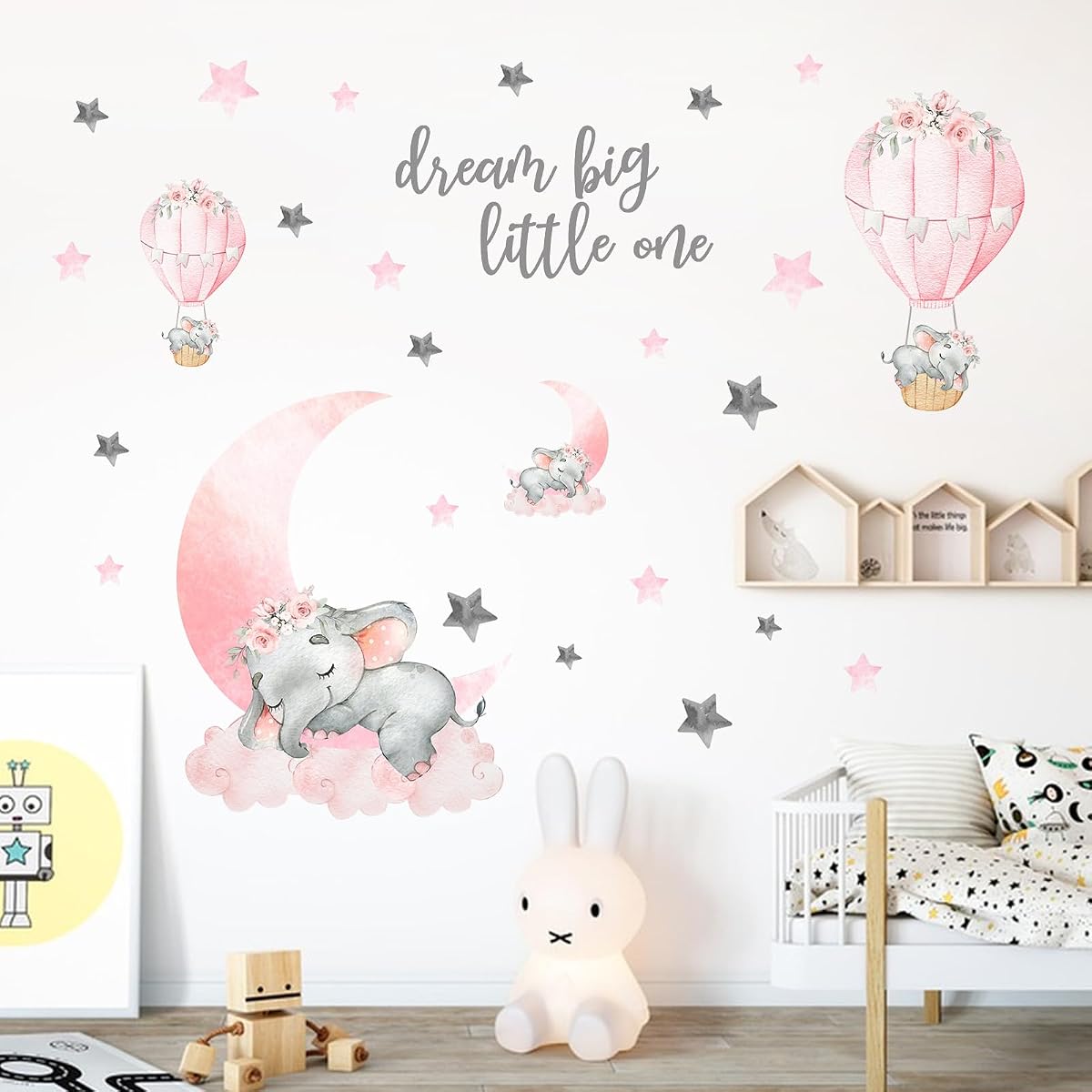 Calcomanías de pared para guardería de niñas durmiendo elefante sueño grande pequeño | Pegatinas, acuarela, luna rosa, globo aerostático, estrella gris, decoración de cuna, decoración de habitación para niños pequeños, fiesta de bienvenida al bebé en casa, dormitorio para niños