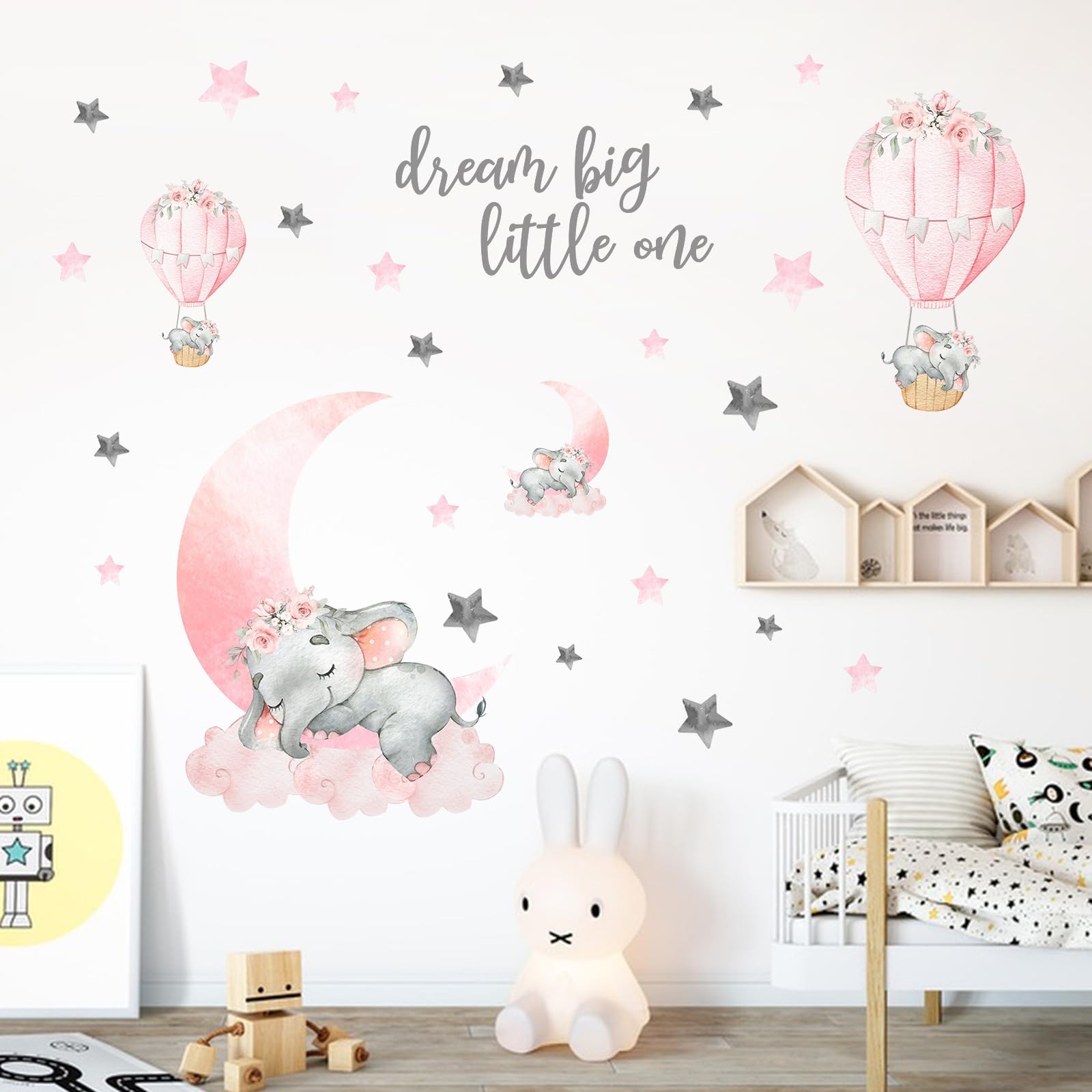 Yovkky Girls Sleeping Elephant Dream Big Little One Nursery Wall Decals Stickers, Watercolor Pink Moon Hot Air Balloon Grey Star Crib Decor, Home Baby Shower Toddler Room Decorations Kids Bedroom Art