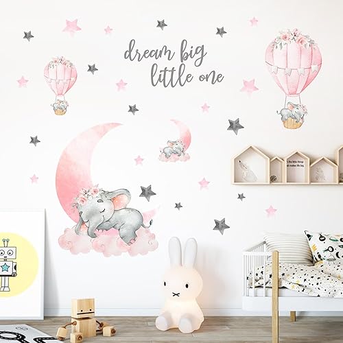Miniatura 8 de Yovkky Calcomanías de pared de elefante que brillan en la oscuridad, decoración de luna rosa para niños, globo aerostático, estrella, cuna,