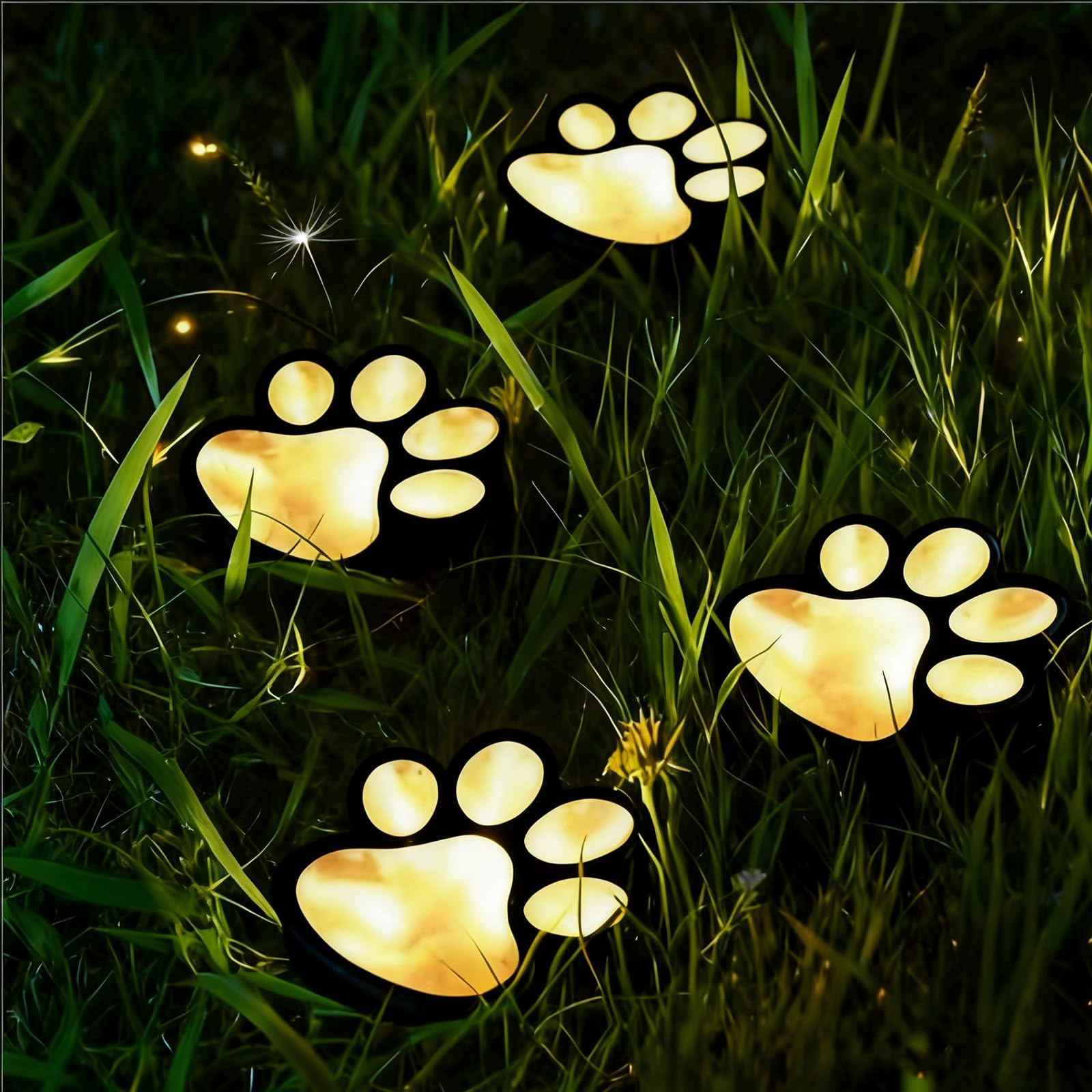 XIHXWL Solar Garden Lights Outdoor, 4 Pack Solar Powered Paw Print Lights Waterproof Pathway Stake Lights for Garden, Yard, Lawn, Patio, Walkway Decoration – Cute Paw Print Solar