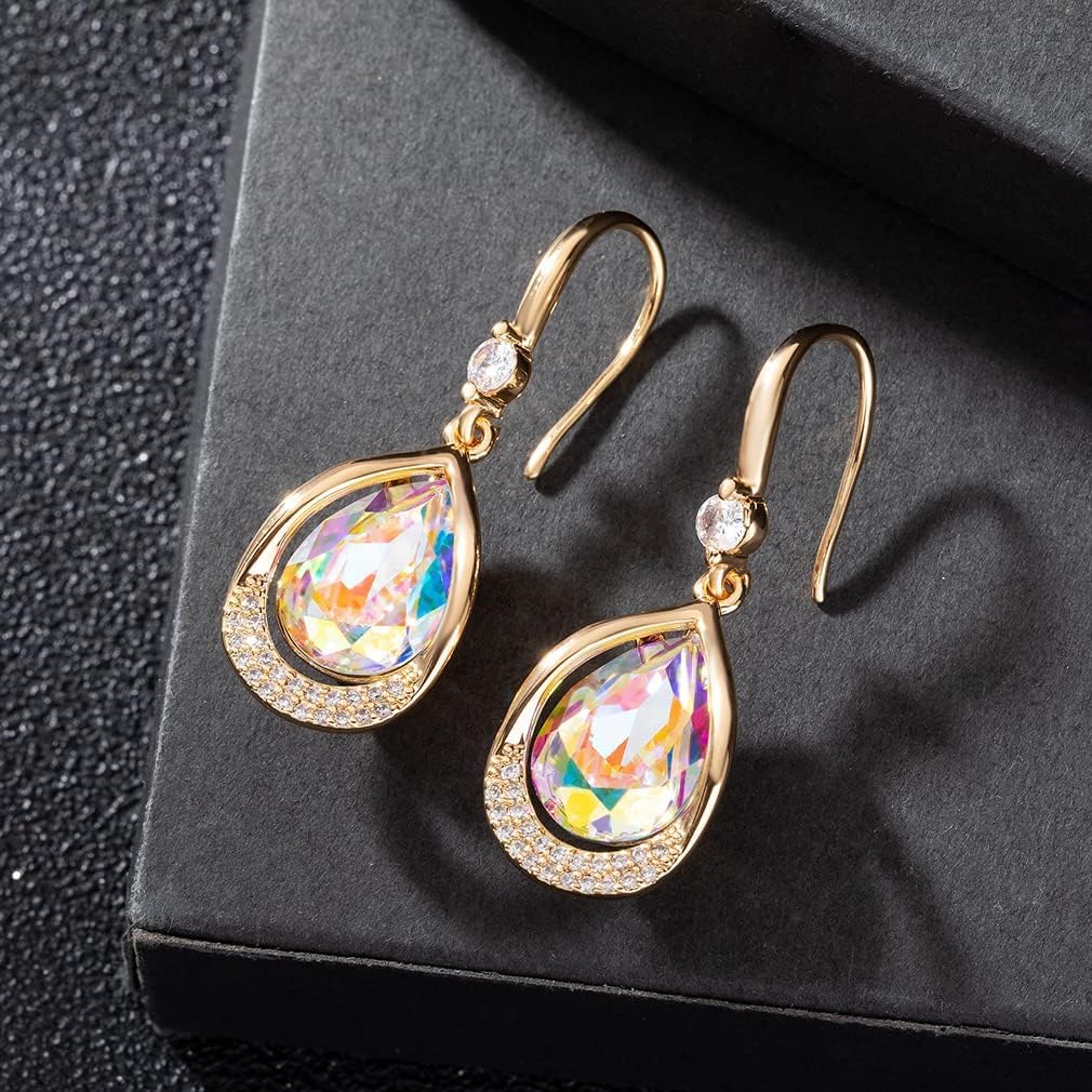 Austrian Crystal Halo Teardrop Hollow Drop Dangle Earrings for Women 14K Rose Gold Plated Hypoallergenic Jewelry Gifts - Image 5