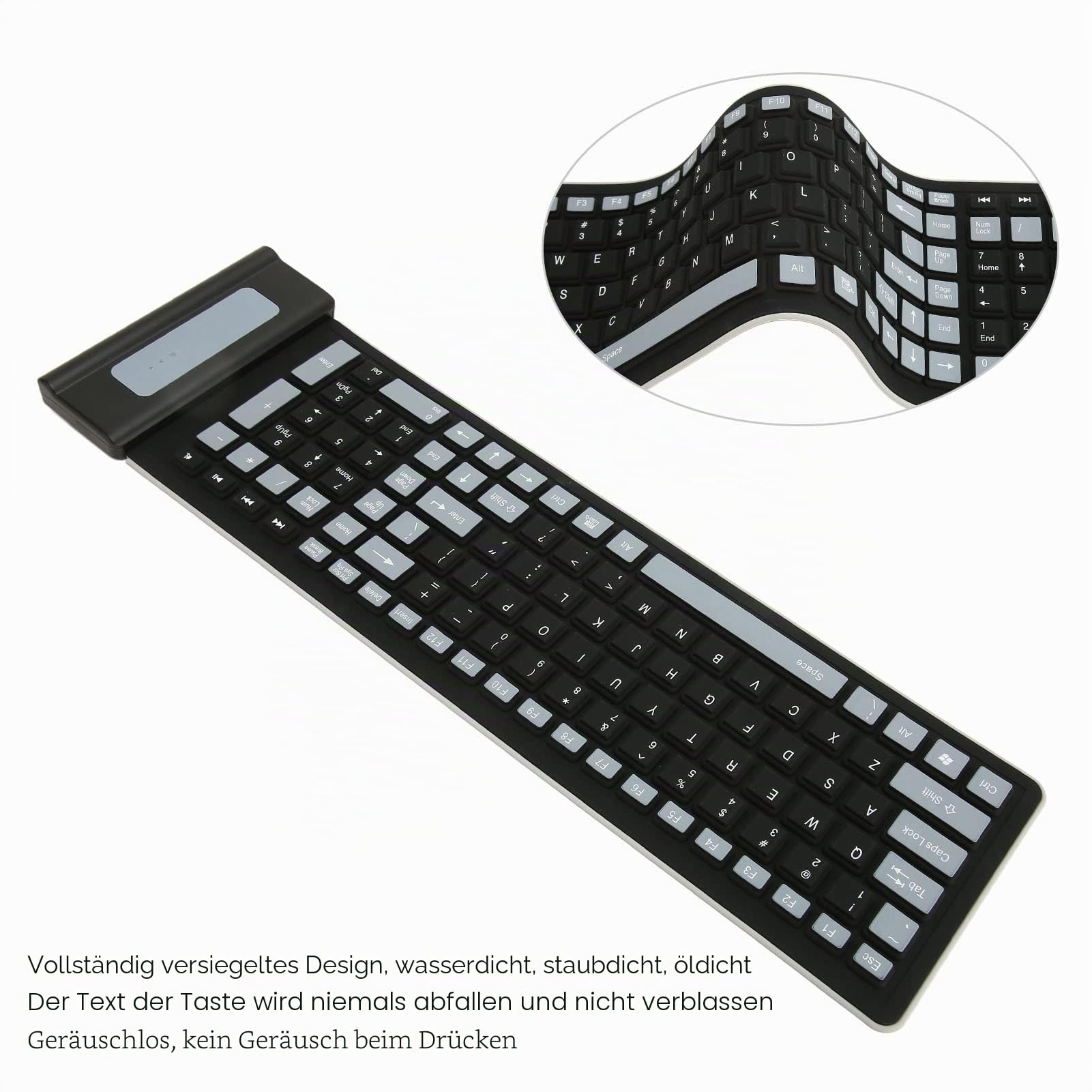 Bewinner Kabellose Faltbare Silikontastatur mit 103 Tasten - Tragbare Soft Touch Design, Wasserdicht & Leises Tippen, Aufrollbar mit USB Empfänger