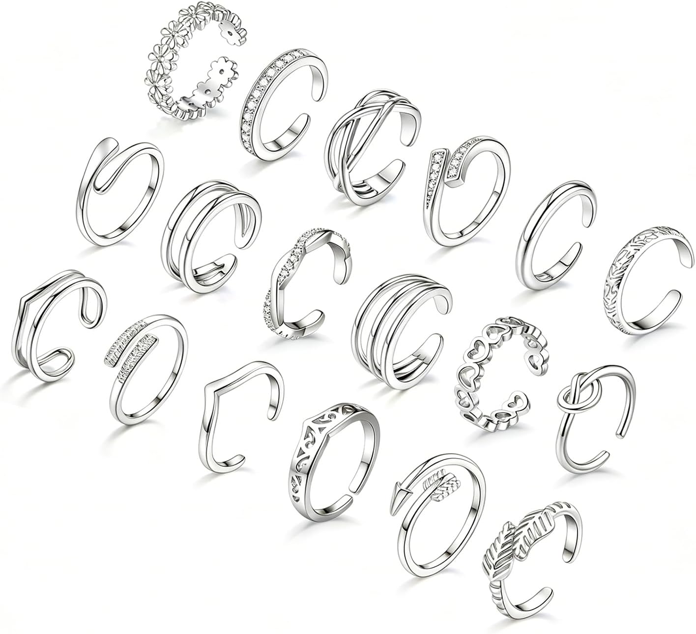 WAINIS 18Pcs Toe Rings for Women 14K Gold Silver Plated Adjustable Toe Ring Non Tarnish Simple Hug CZ Triple Open Band Toe Rings Summer Beach Foot Jewelry for Women