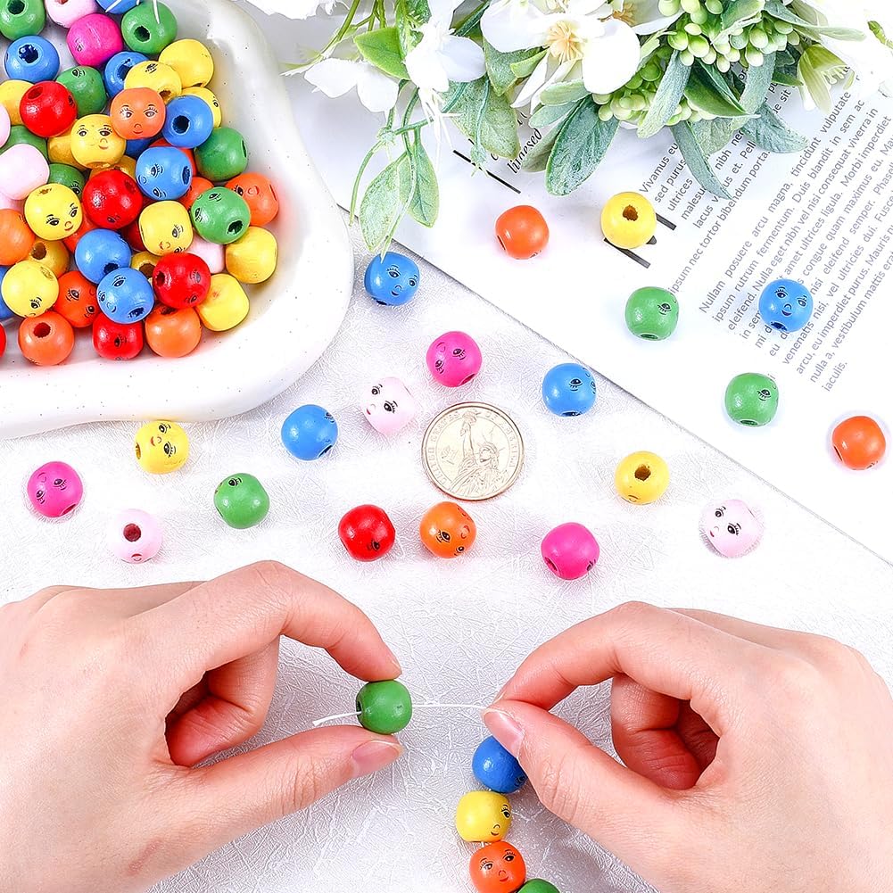 GORGECRAFT 200PCS Colorful Smile Face Wood Loose Beads 13MM Natural Wooden Spacer Ball Beads Round 4MM Hole Printed Bulk Smiling Doll Head Bead DIY Craft for Christmas Farmhouse Bracelet Necklace